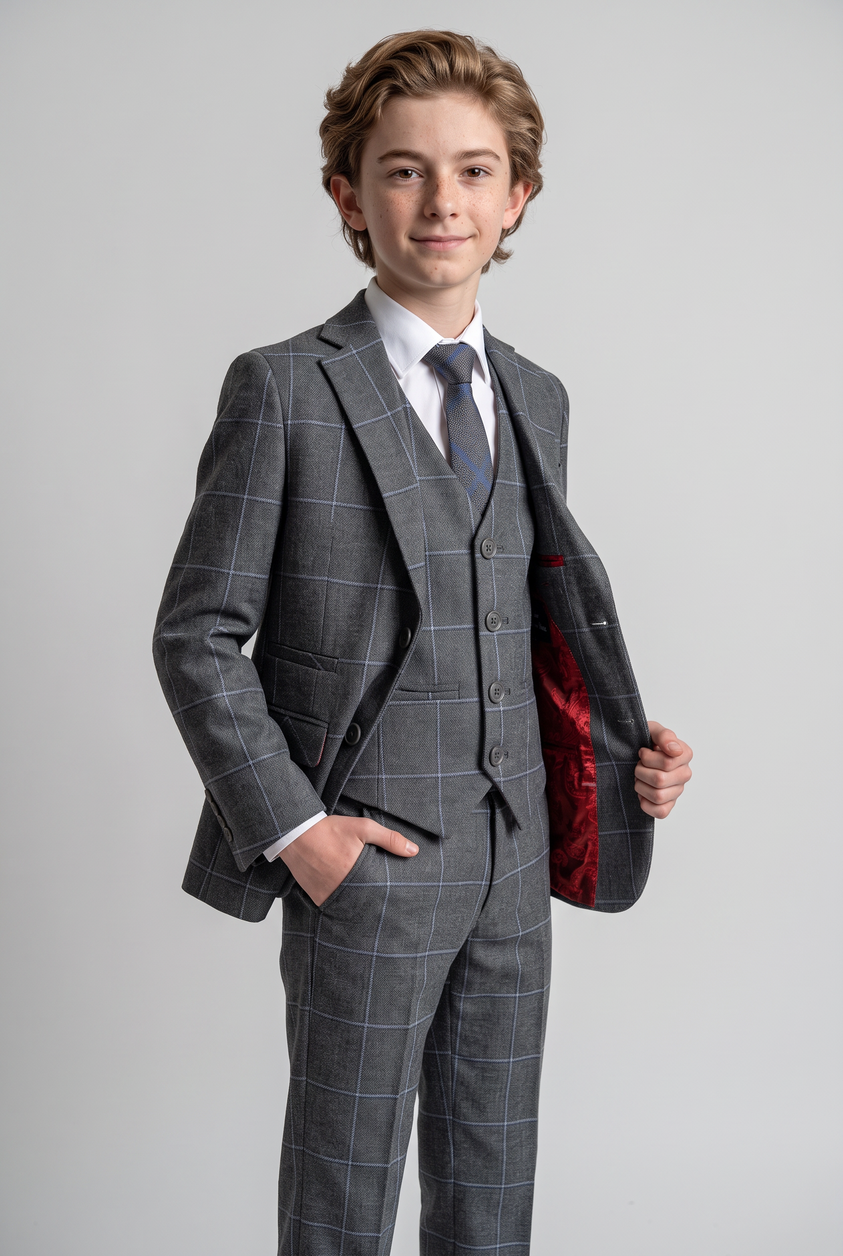 Traje ajustado de cuadros ventana para niños - Gris - Azul