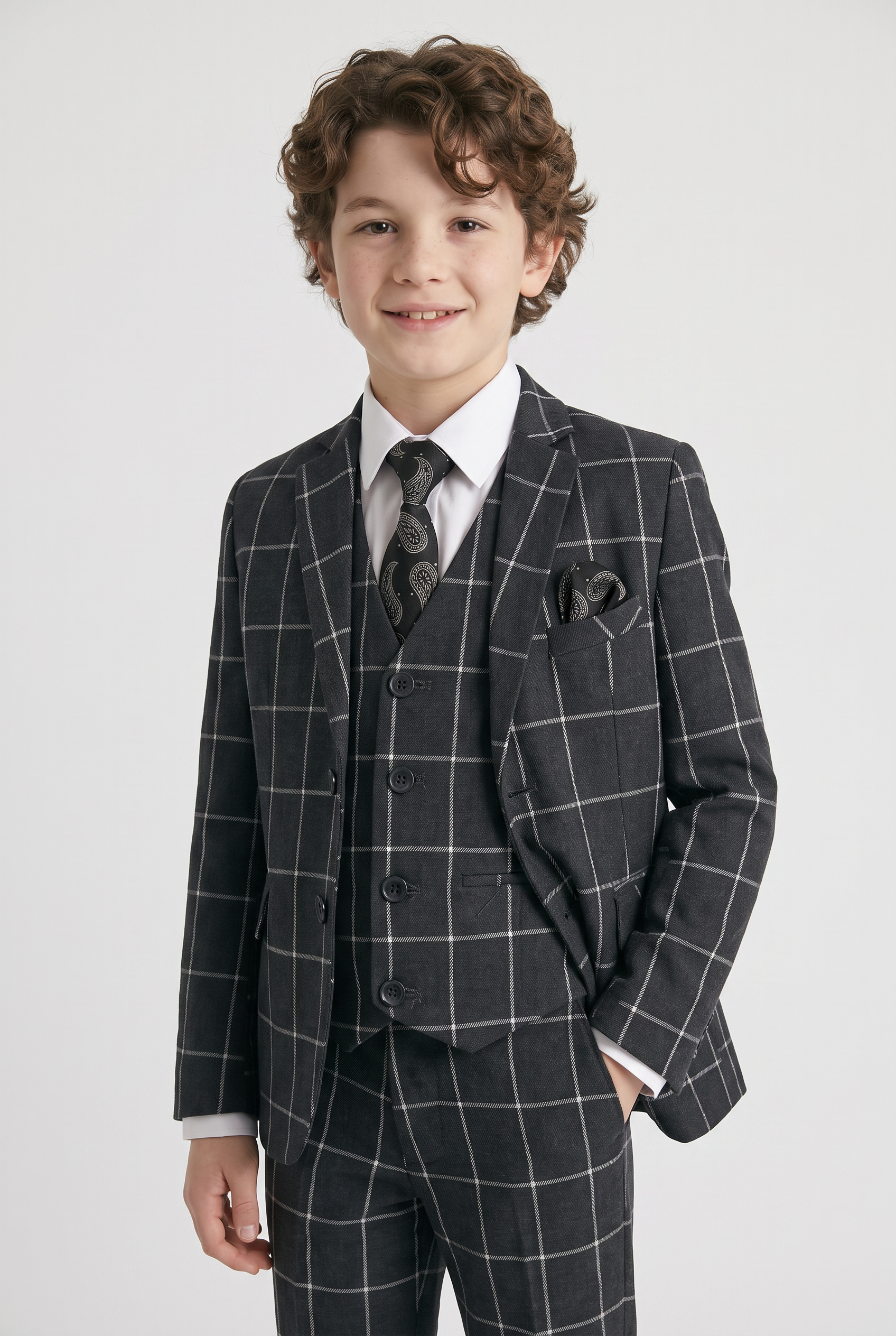 Conjunto de traje para niños con cuadro ventana - Gris carbón