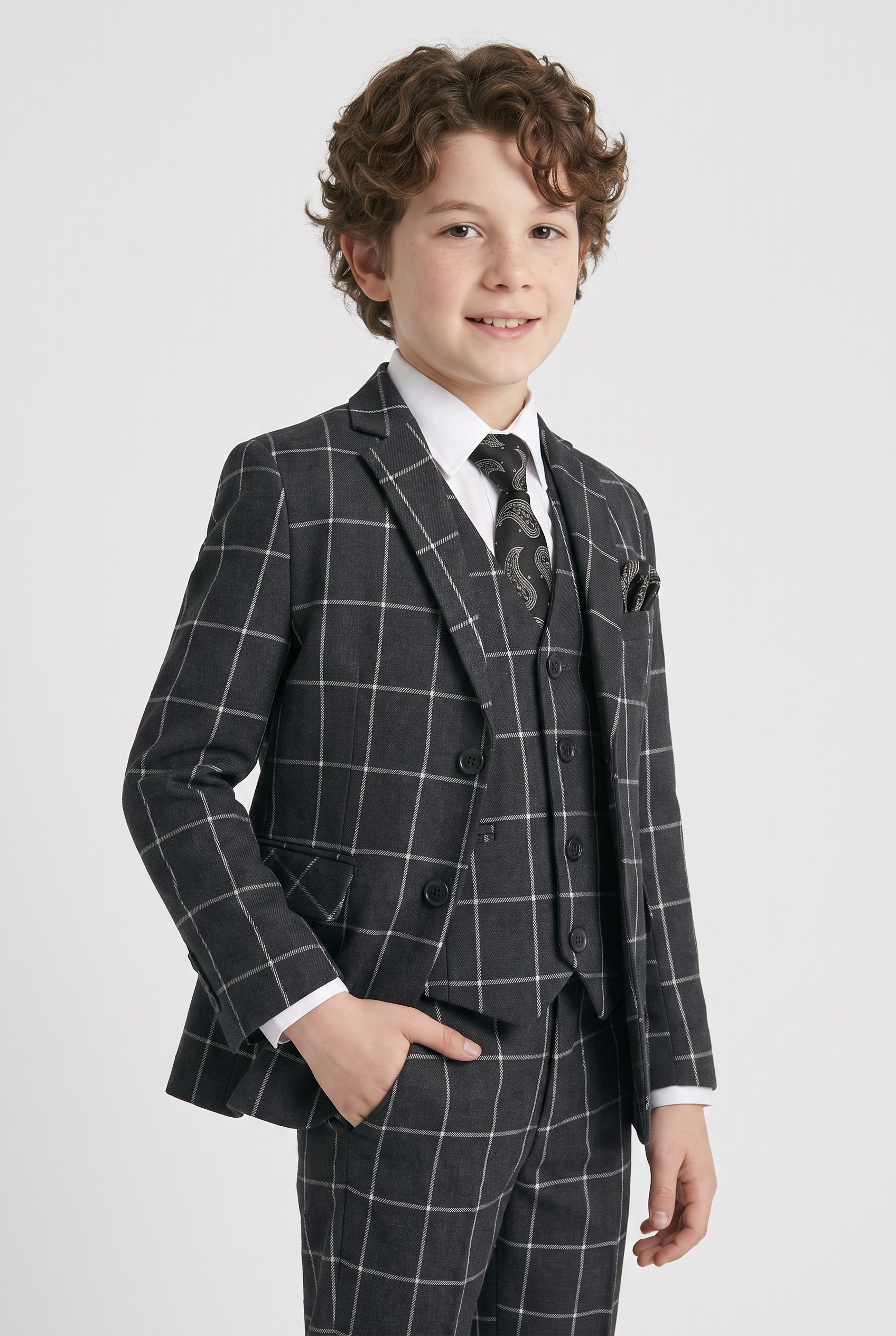 Conjunto de traje para niños con cuadro ventana - Gris carbón