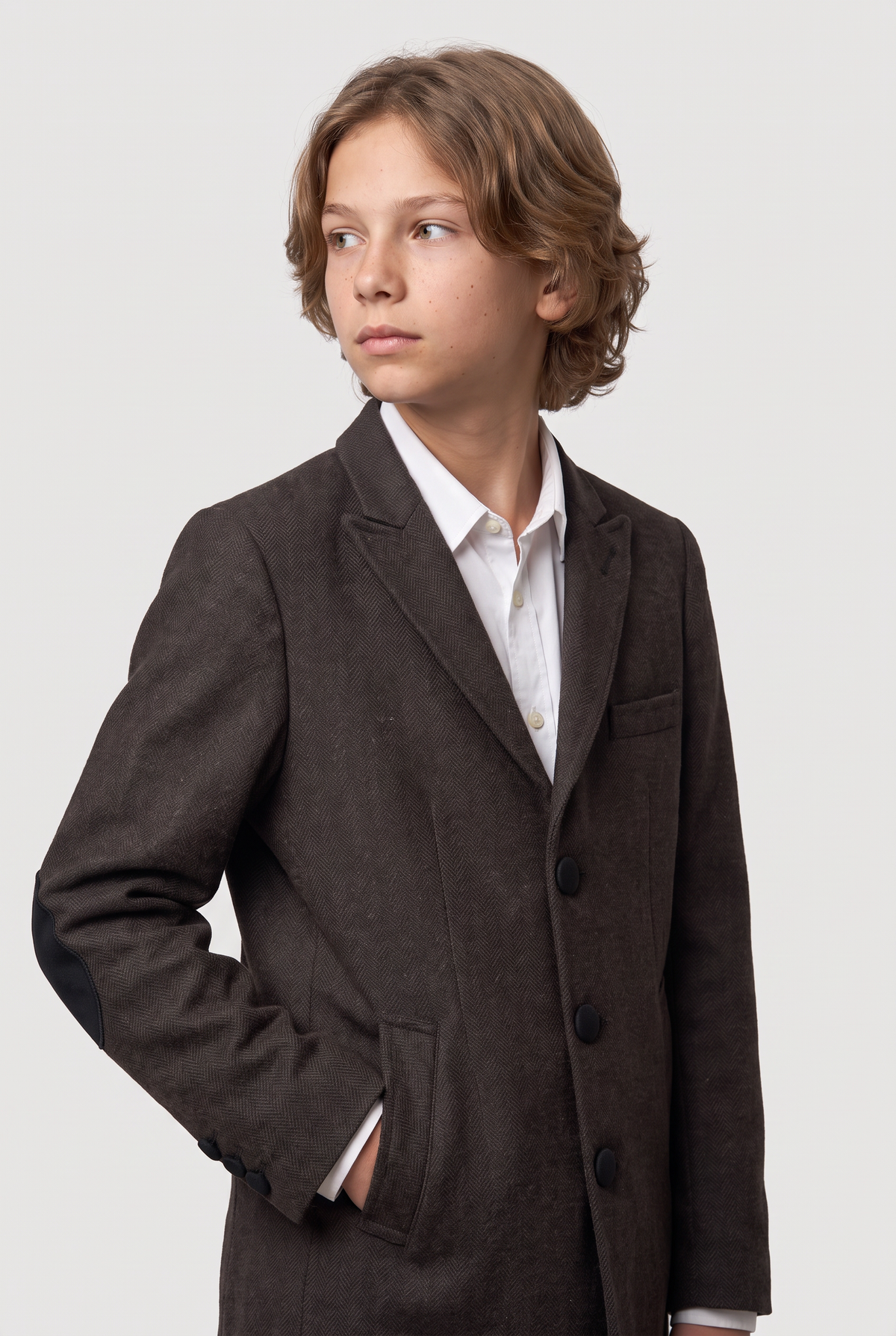 Cappotto da ragazzo in tweed di lana a spina di pesce - Marrone scuro