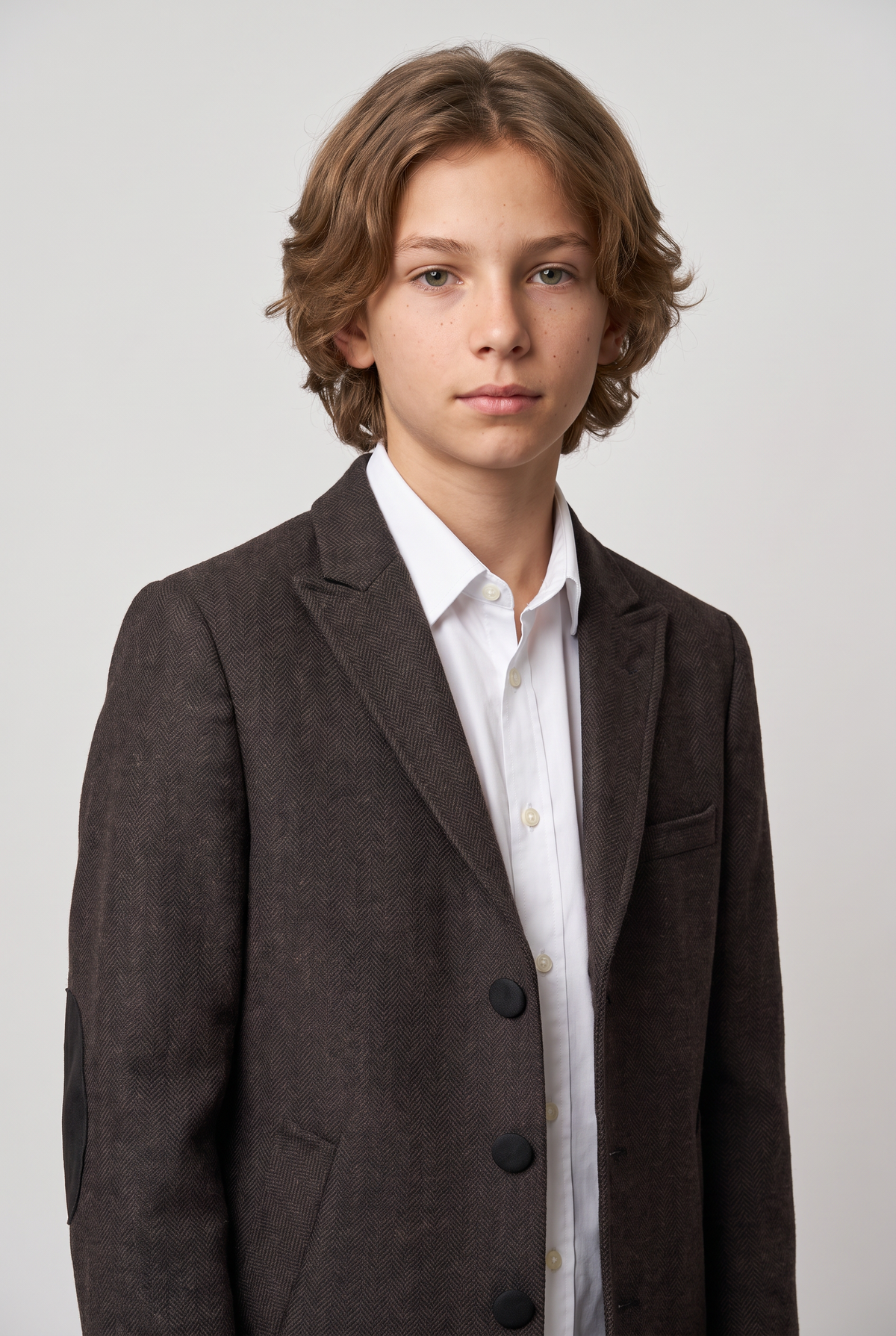 Boys Wool Tweed Herringbone Overcoat - Dark Brown