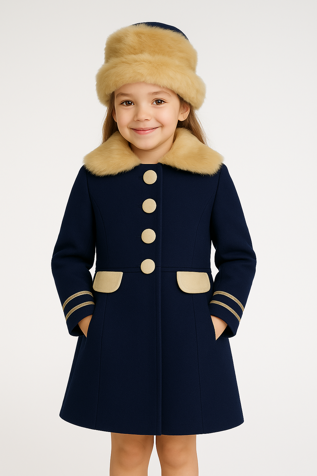 Ensemble manteau et chapeau bleu marine pour fille
