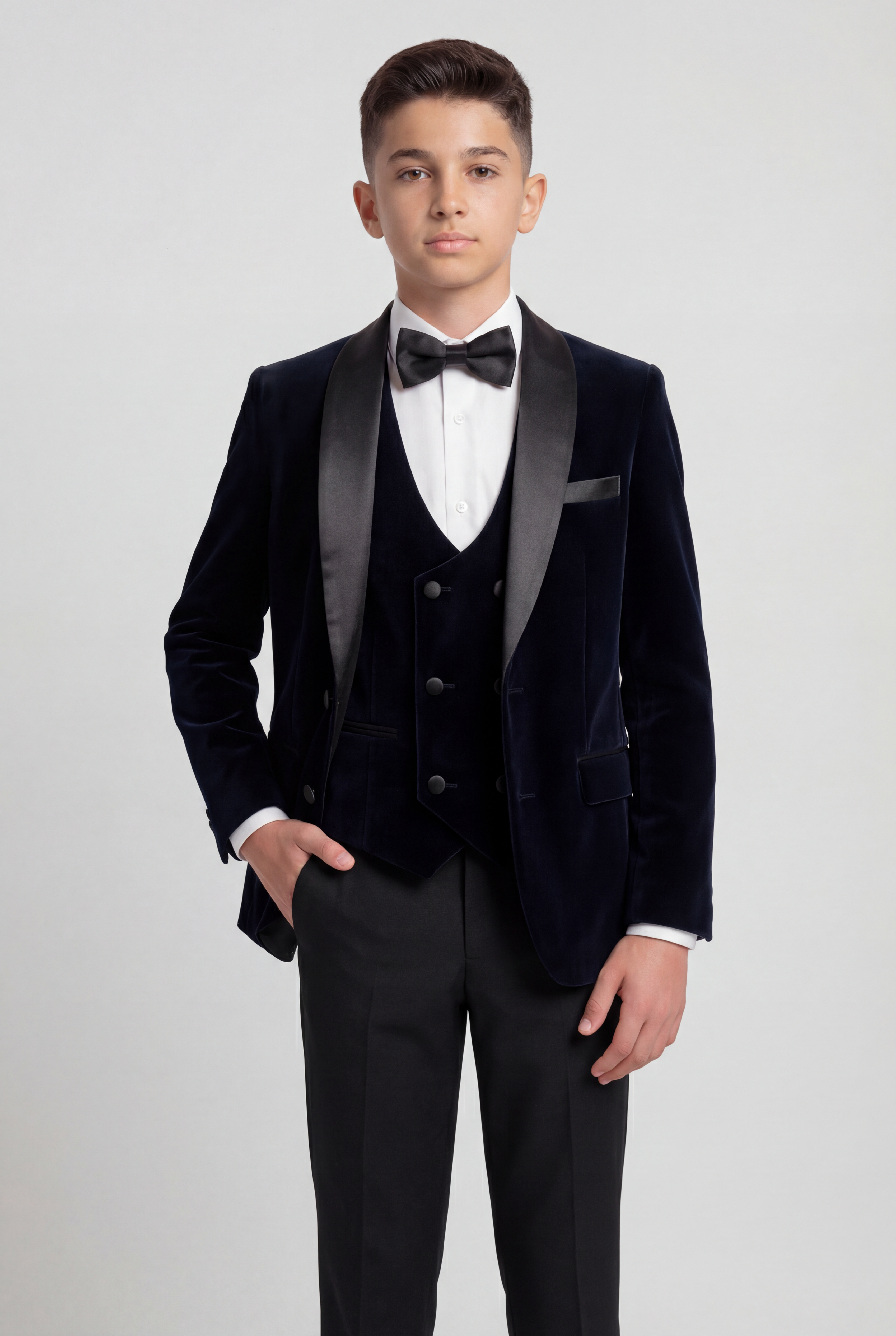 Boys Velvet Tuxedo Suit with Double-breasted Vest - Navy Blue