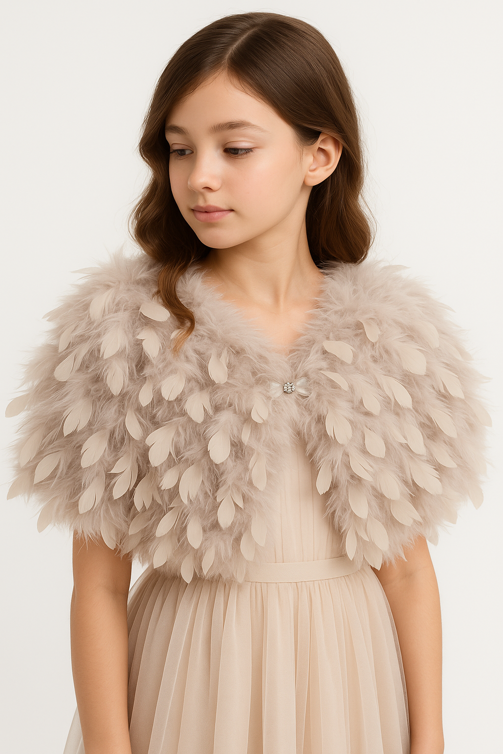 Elegant Feather Cape Bolero for Girls - Beige Front Picture