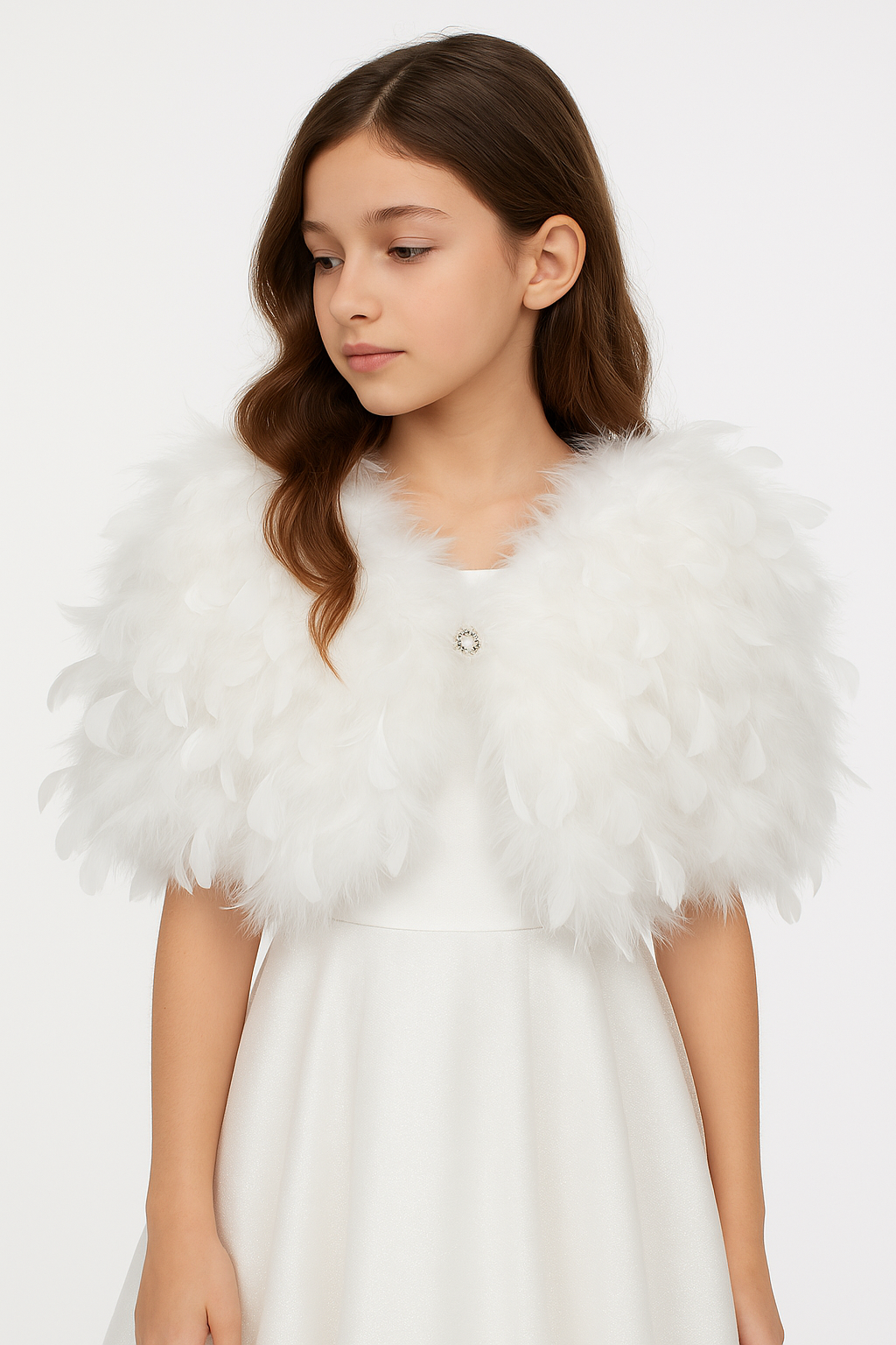 Elegant Feather Cape Bolero for Girls - Ivory Front Picture