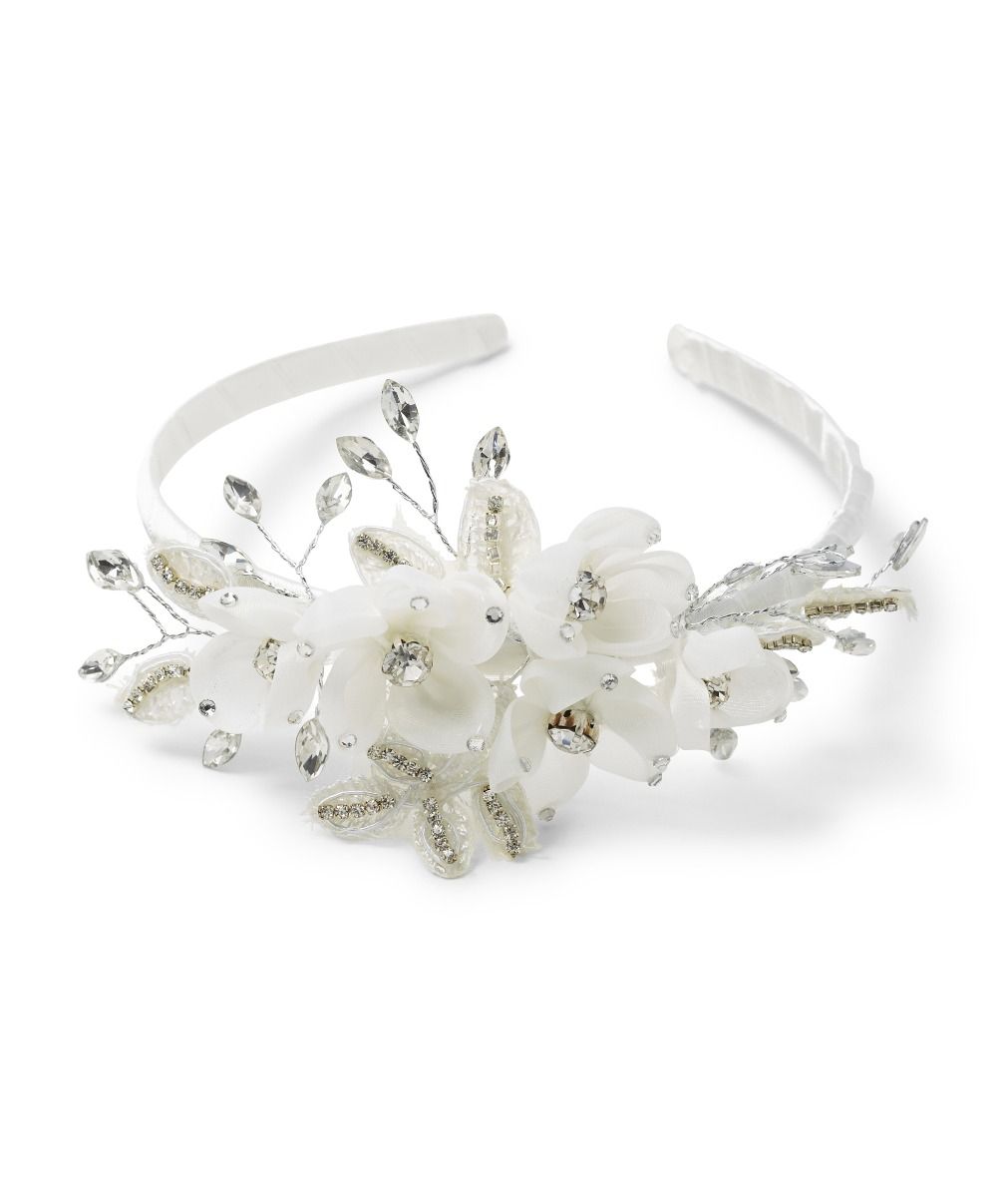 Diadema elegante para niñas con cristales y flores - CHB002 - Marfil