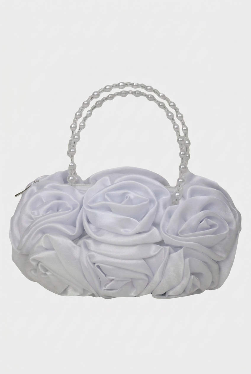 Elegante Satin-Rosen-Abendtasche mit Perlenhenkel - Weiß