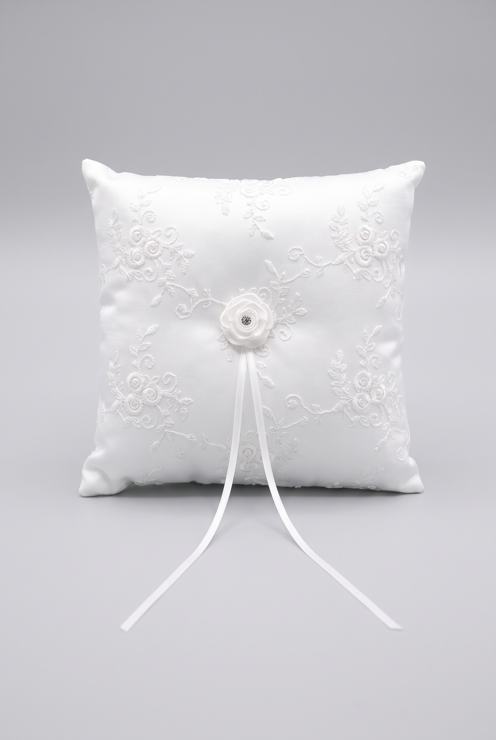 Elegant Wedding Ring Bearer Pillow with Floral Lace & Rose Detail - White Front Picture