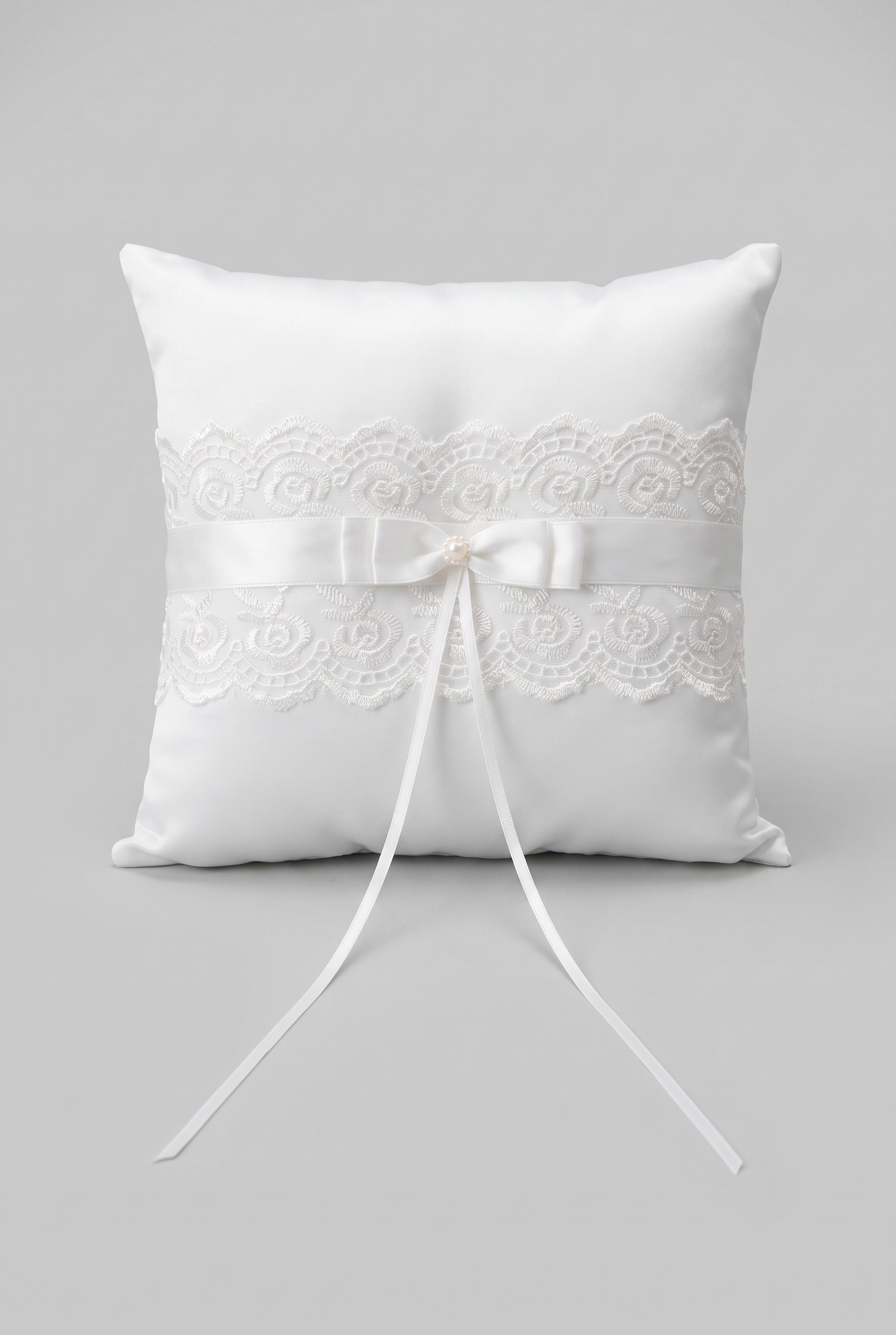Elegant Wedding Ring Bearer Pillow with Lace, Bow & Pearl Detail - White