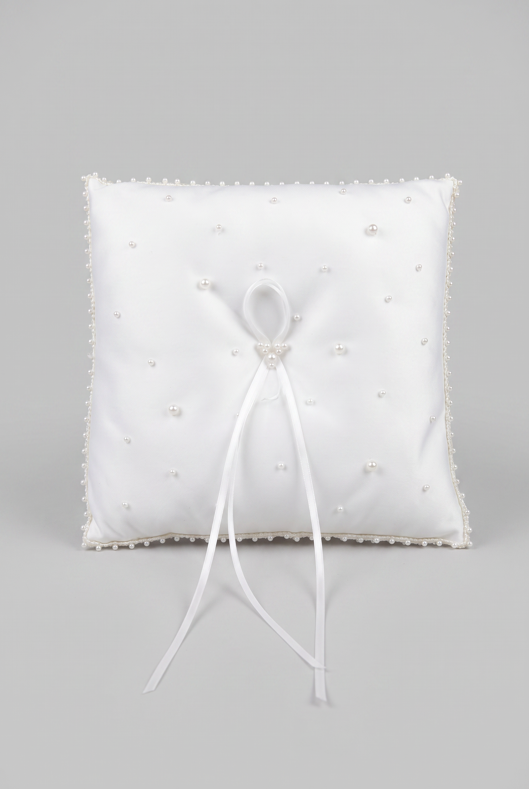 Elegant Wedding Ring Bearer Pillow with Pearl & Ribbon Details - White Front Picture