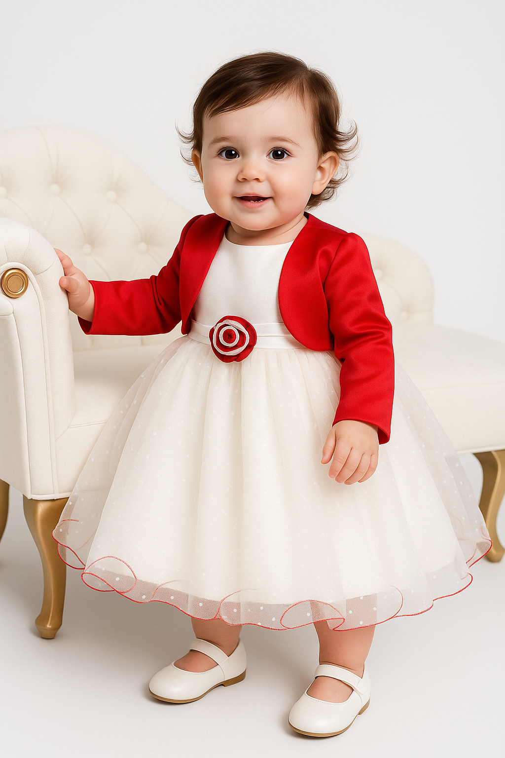 Baby Girls Wedding Cristening Bolero Dress - Cream - Red