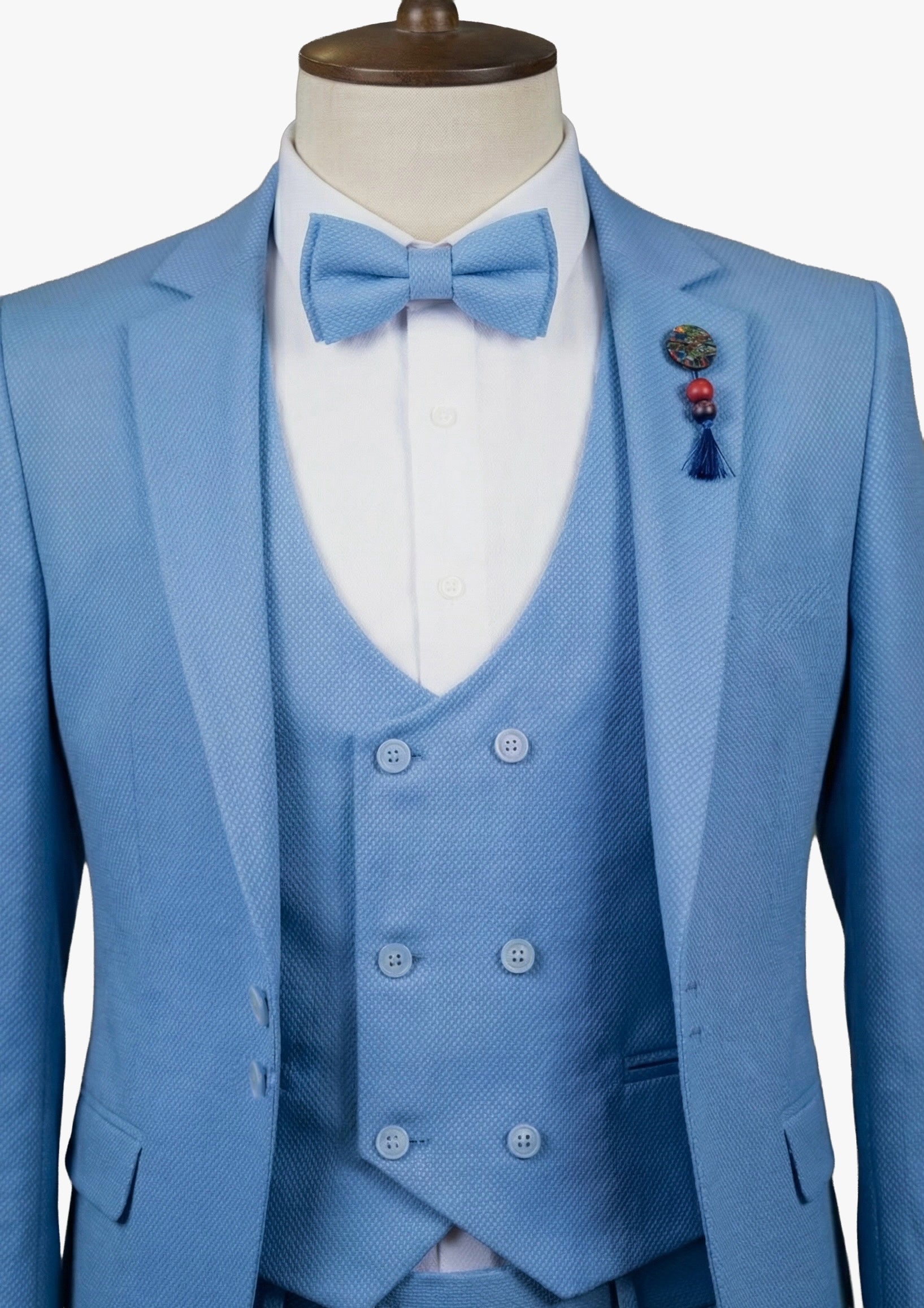 Traje para niños de 5 piezas con tejido texturizado y chaleco cruzado - Azul claro