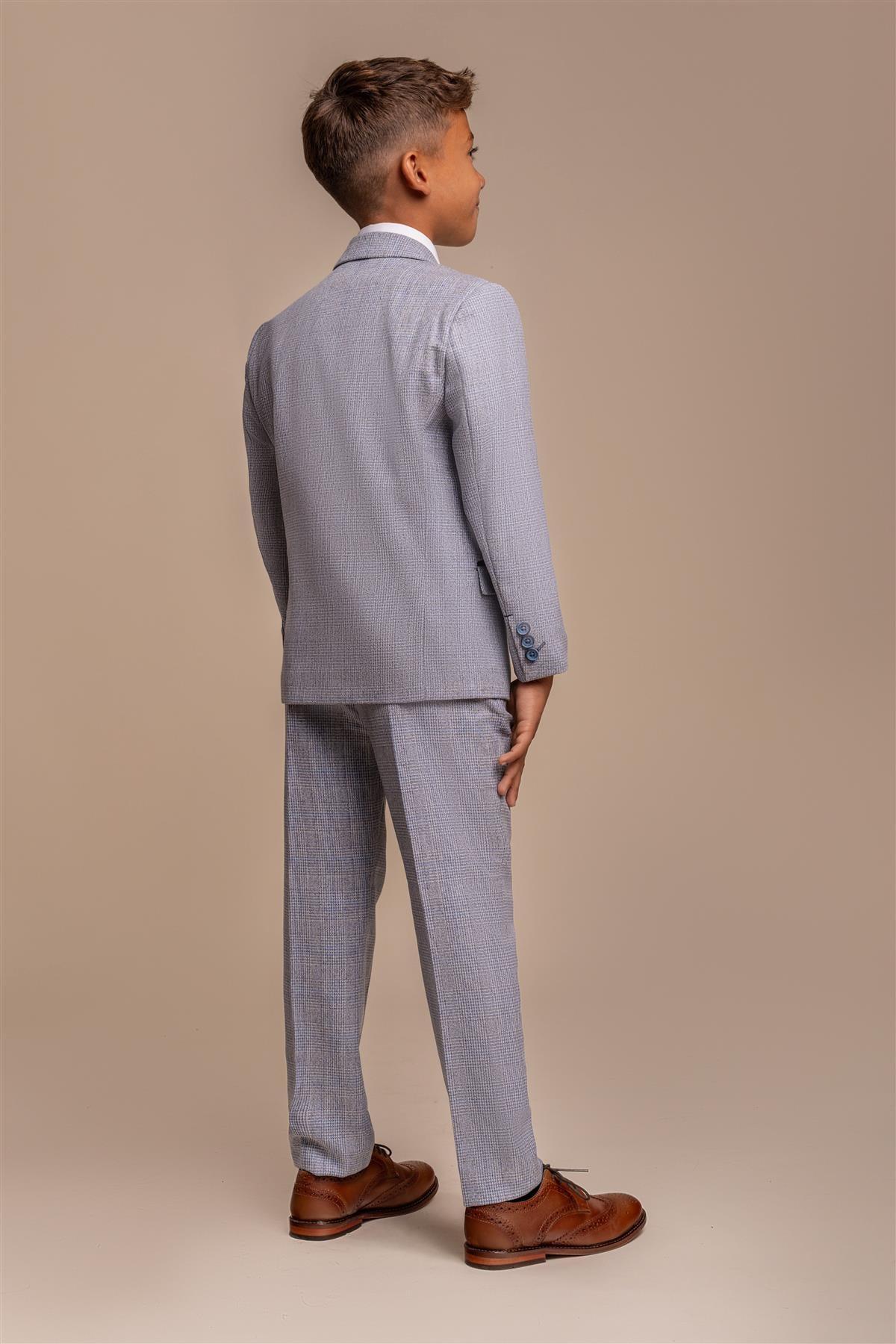 Father & Son Matching Glen Check Wool Tweed 3-Piece Suit Set - Caridi  - Sky Blue