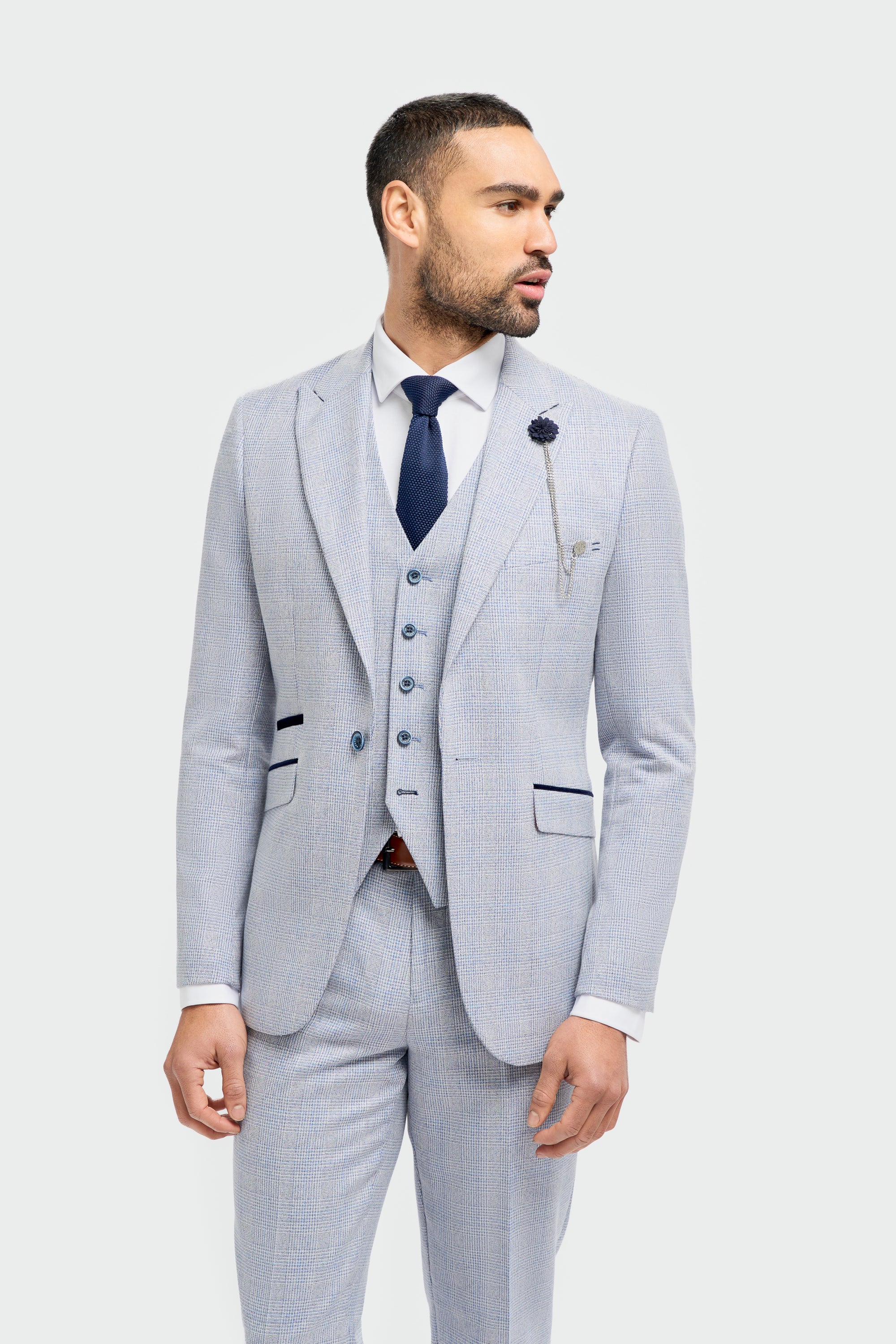 Father & Son Matching Glen Check Wool Tweed 3-Piece Suit Set - Caridi  - Sky Blue