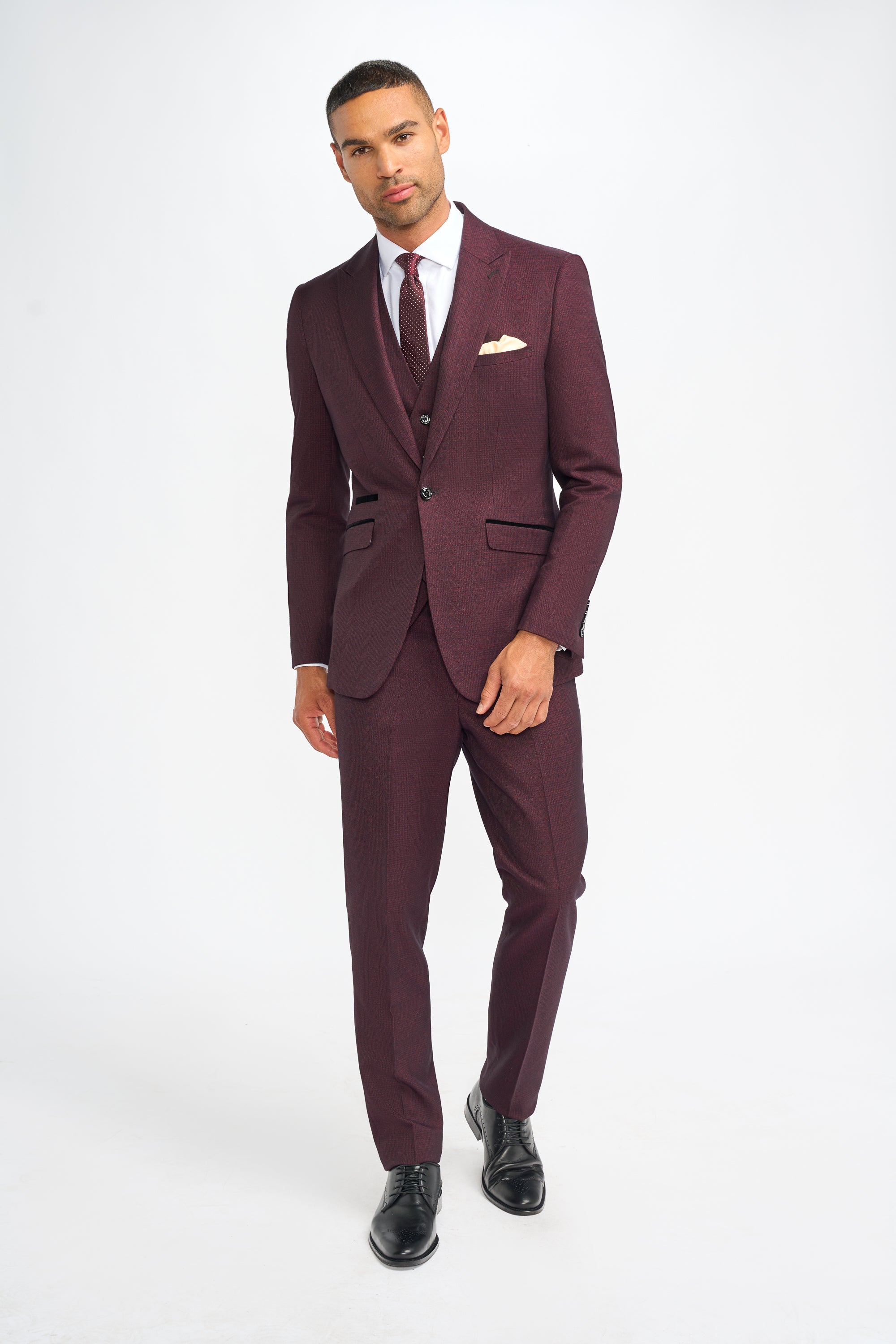Father & Son Matching Glen Check Wool Tweed 3-Piece Suit Set - Caridi Wine