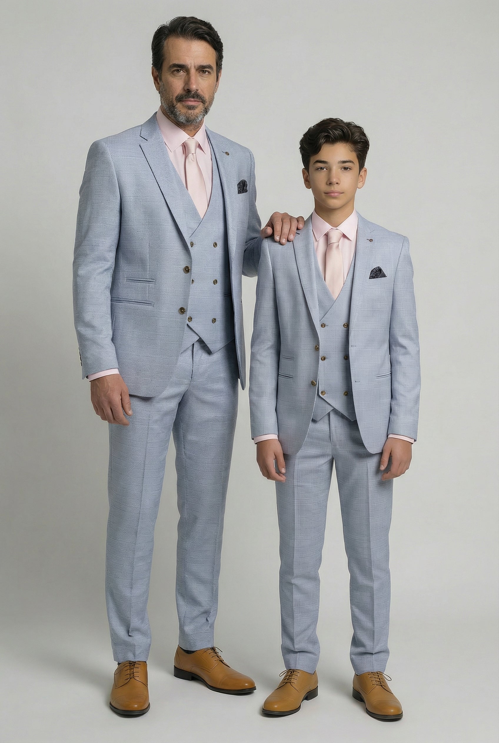 Vater & Sohn Passender Glencheck Woll-Tweed 3-teiliger Anzug-Set - Luis Hellblau