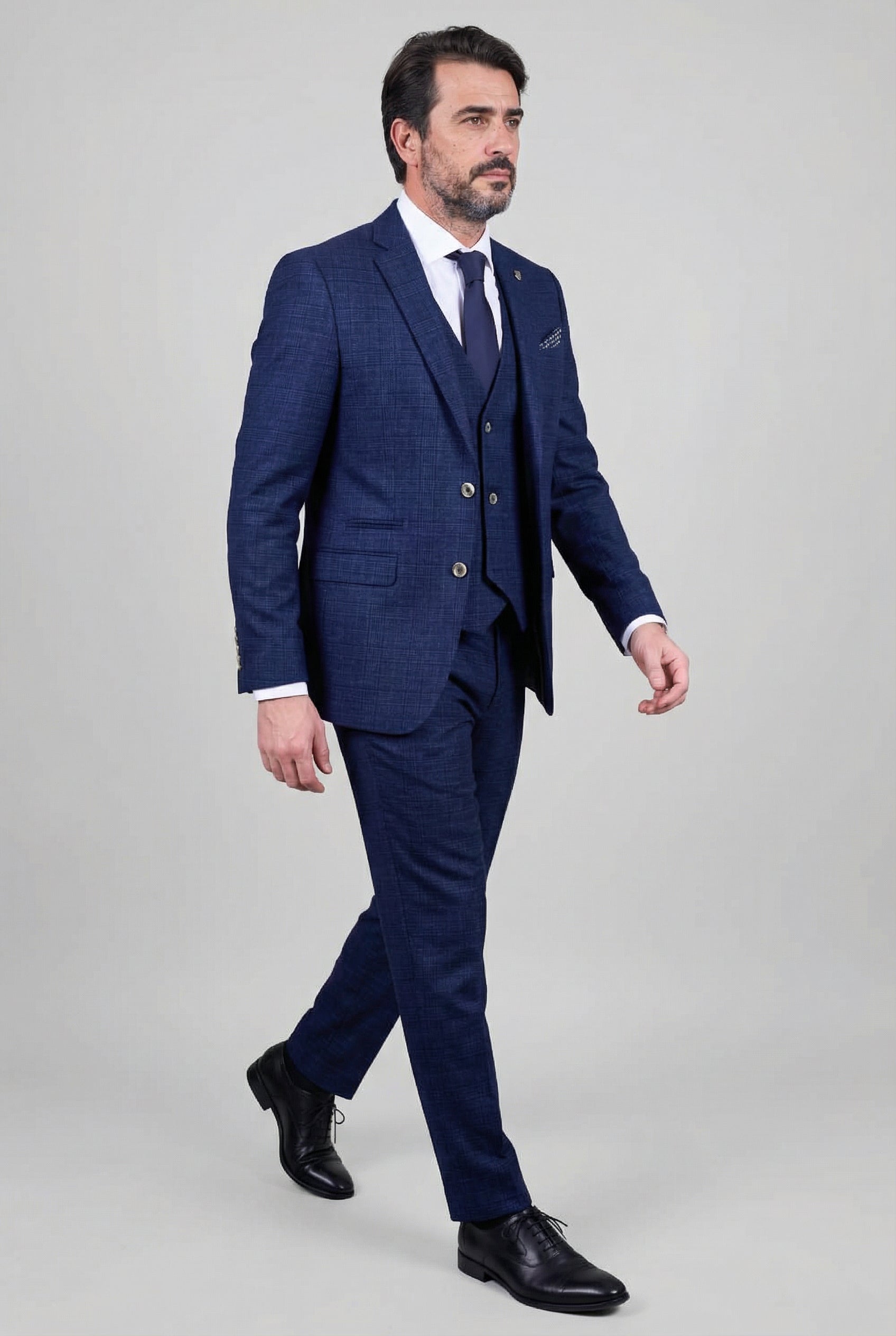 Vater & Sohn Passender Glencheck Woll-Tweed 3-teiliger Anzug-Set - Luis Navy