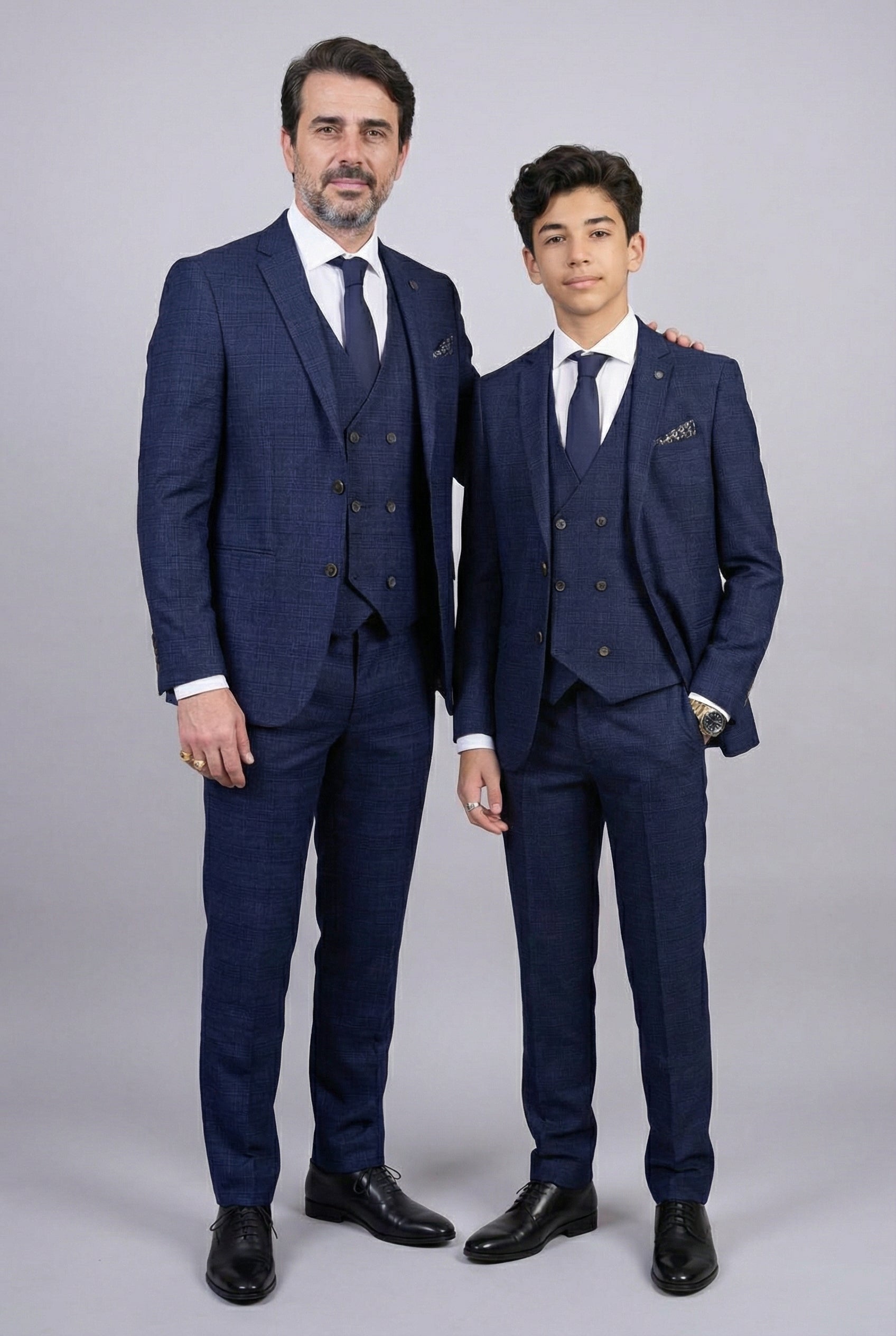 Vater & Sohn Passender Glencheck Woll-Tweed 3-teiliger Anzug-Set - Luis Navy