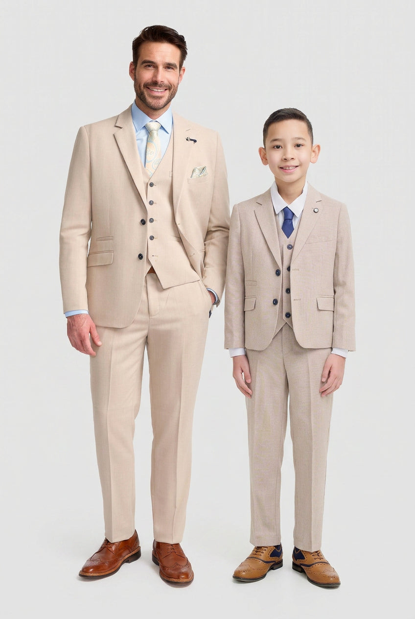 Men's & Boys Beige Textured Suit Father Son Bundle