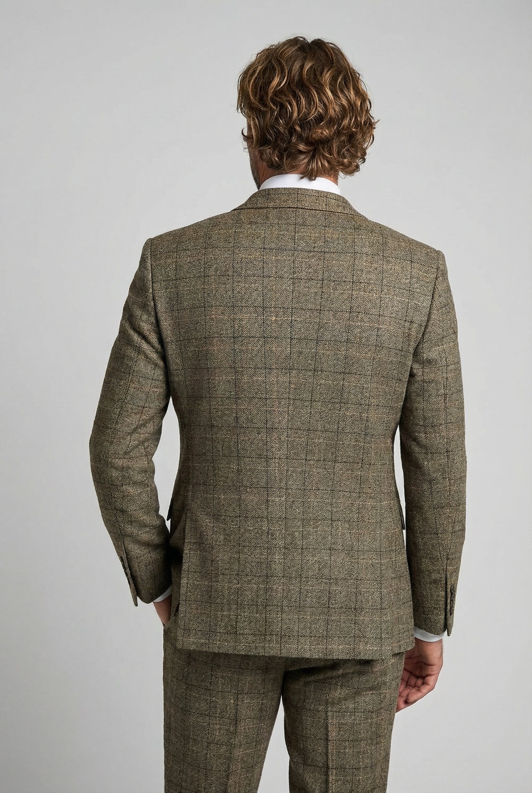 Vater & Sohn Passender Windowpane-Karo Woll-Tweed 3-teiliger Anzug-Set - Liam Beige
