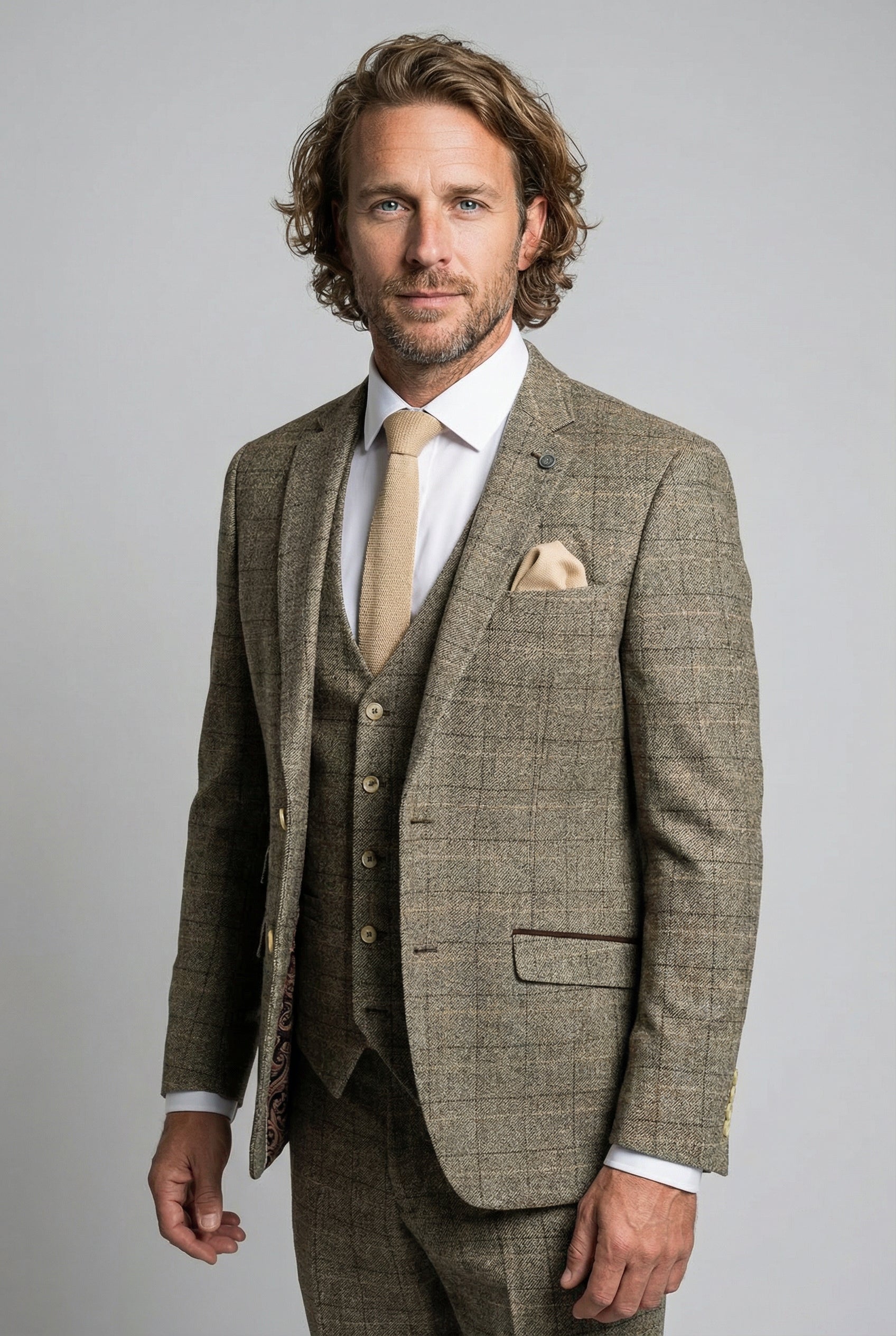 Vater & Sohn Passender Windowpane-Karo Woll-Tweed 3-teiliger Anzug-Set - Liam Beige