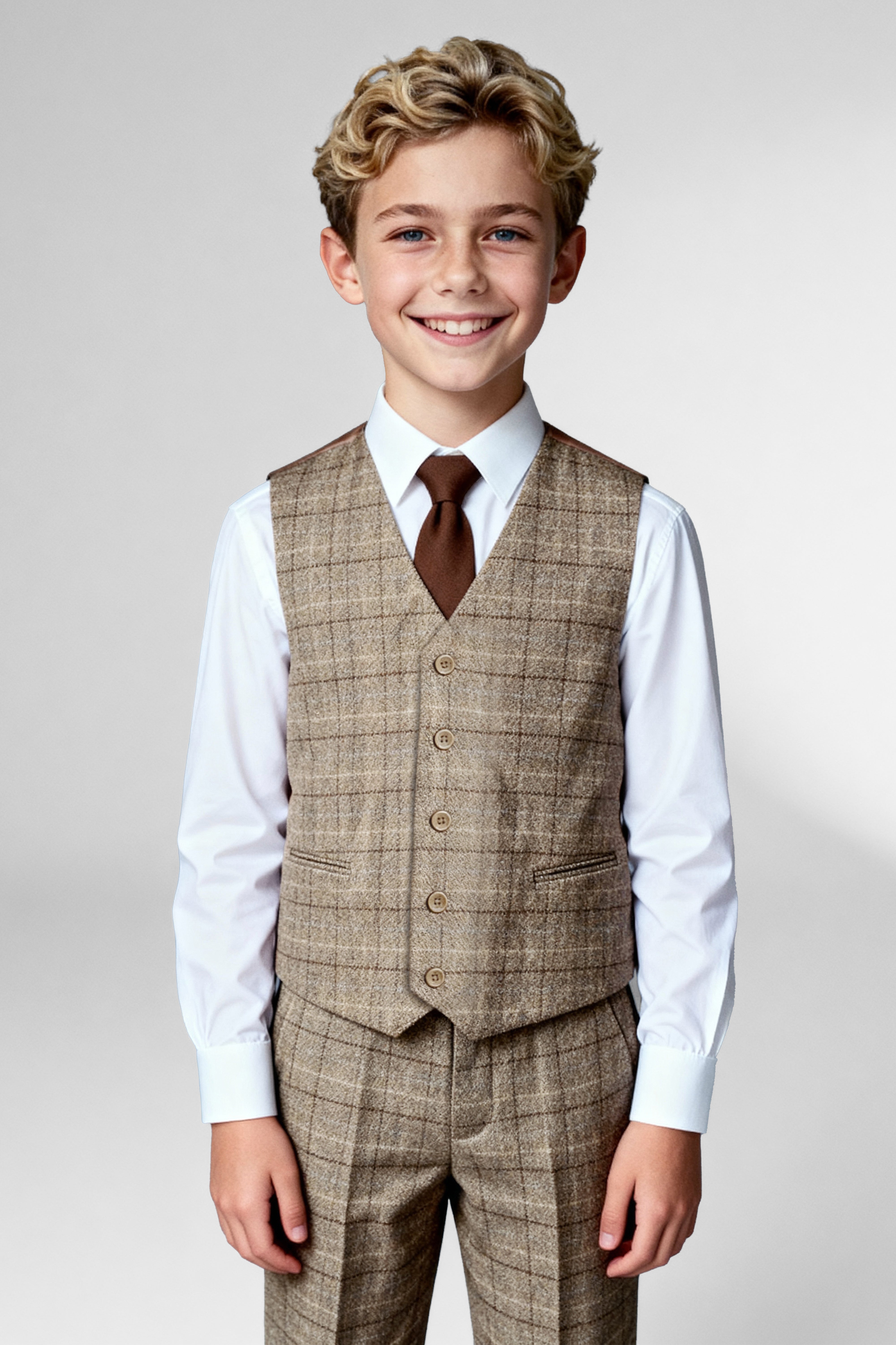 Vater & Sohn Passender Windowpane-Karo Woll-Tweed 3-teiliger Anzug-Set - Liam Beige