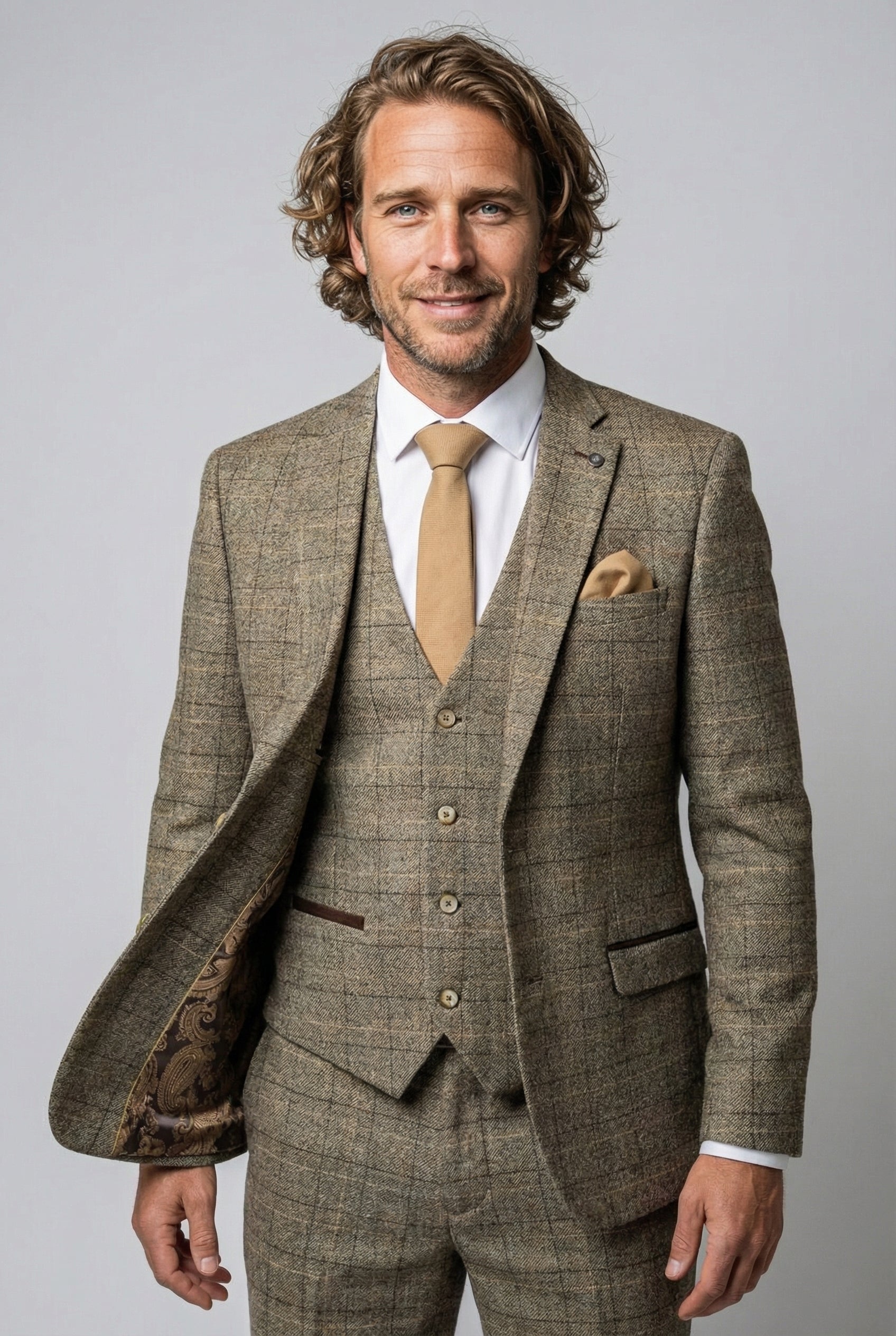 Vater & Sohn Passender Windowpane-Karo Woll-Tweed 3-teiliger Anzug-Set - Liam Beige