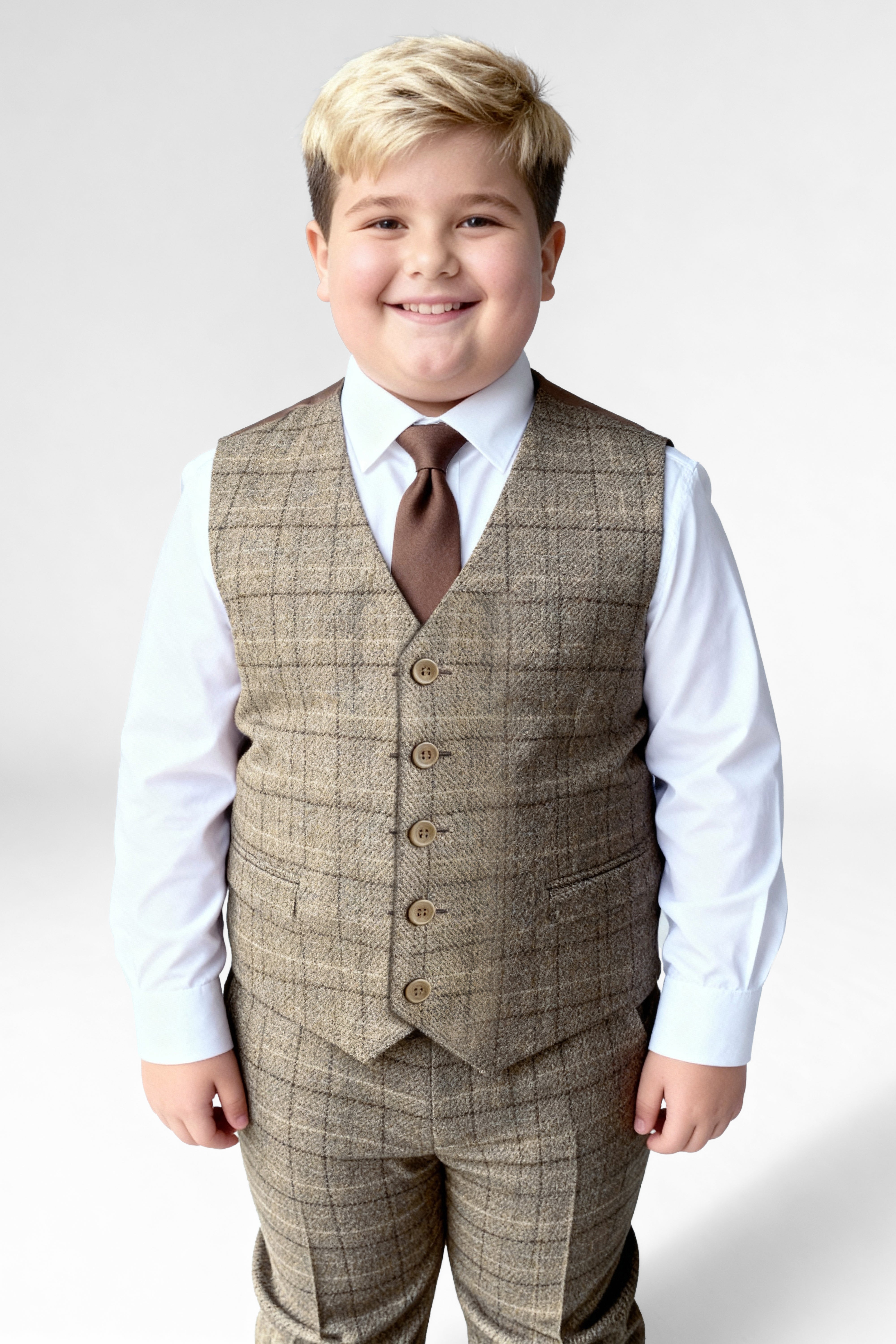 Vater & Sohn Passender Windowpane-Karo Woll-Tweed 3-teiliger Anzug-Set - Liam Beige