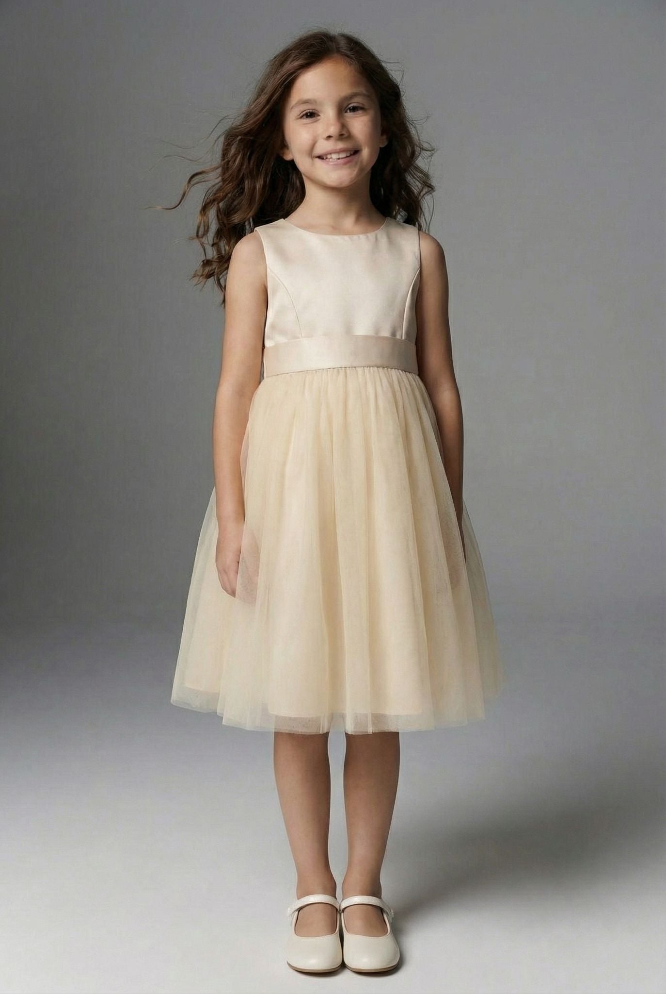 Flower Girl Dress with Tulle Skirt & Bow - HILARY - Champagne 