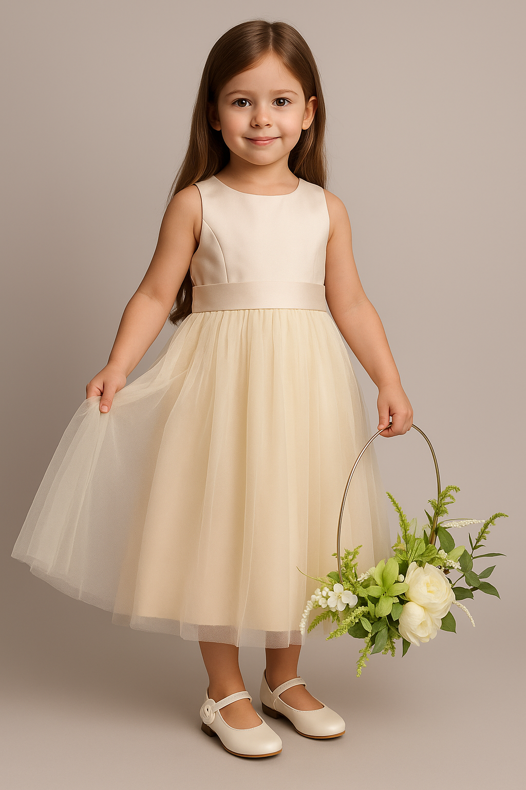 Flower Girl Dress with Tulle Skirt & Bow - HILARY - Champagne 