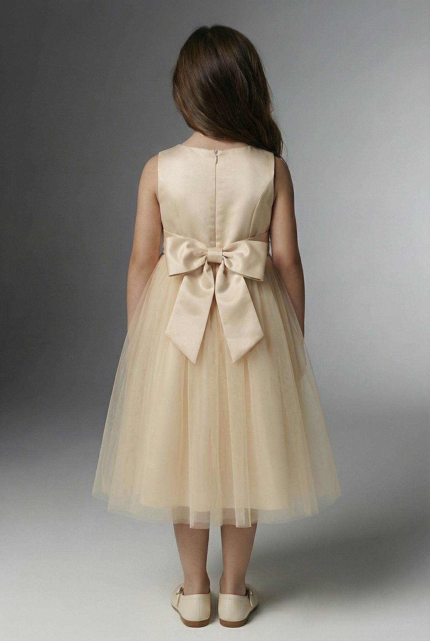 Flower Girl Dress with Tulle Skirt & Bow - HILARY - Champagne.