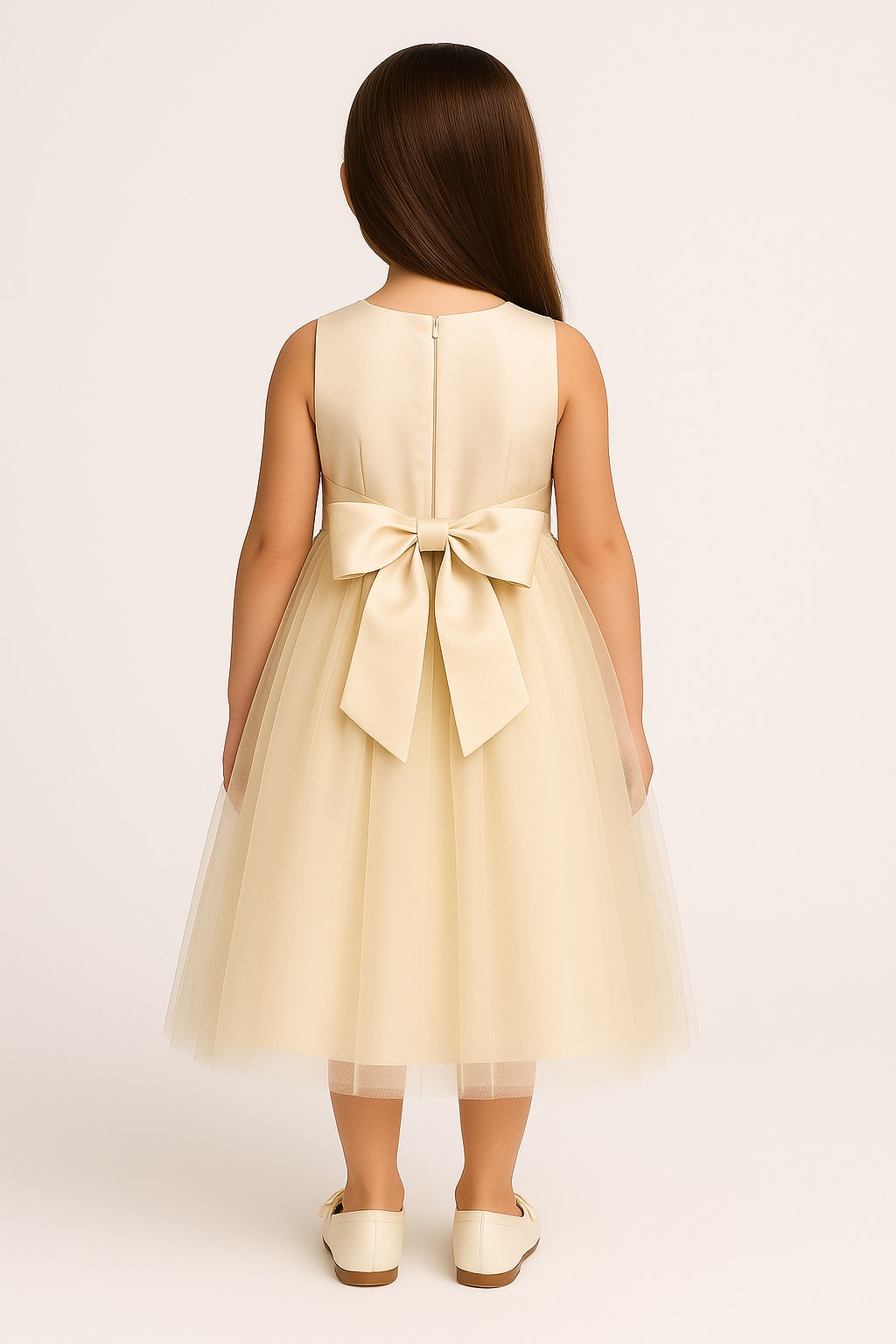 Flower Girl Dress with Tulle Skirt & Bow - HILARY - Champagne Back Picture