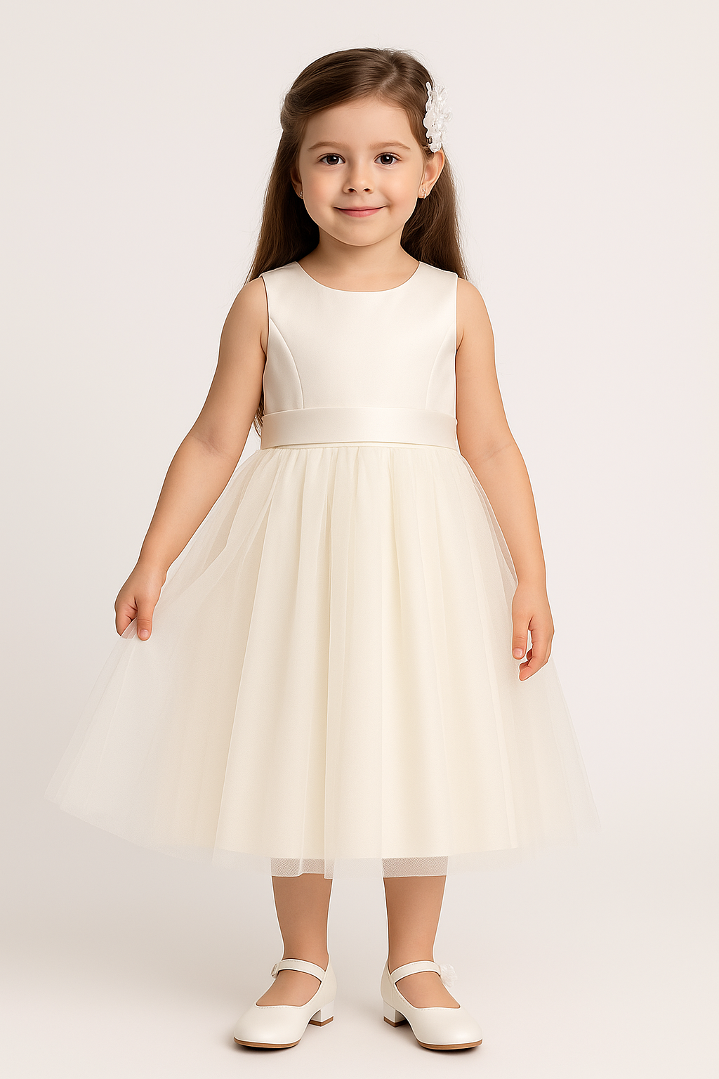 Flower Girl Dress with Tulle Skirt & Bow - HILARY - Ivory
