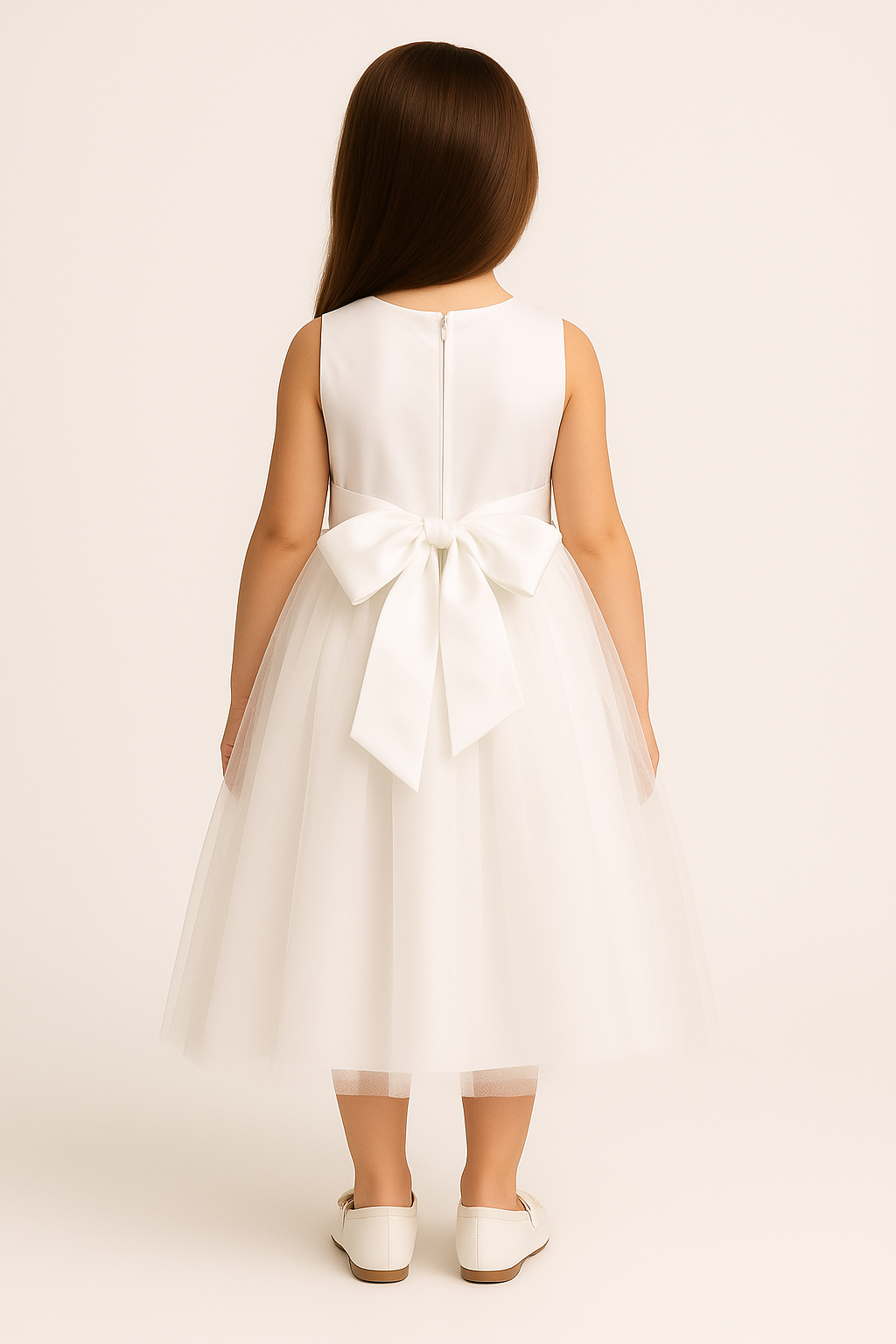 Flower Girl Dress with Tulle Skirt & Bow - HILARY - Ivory Back Picture