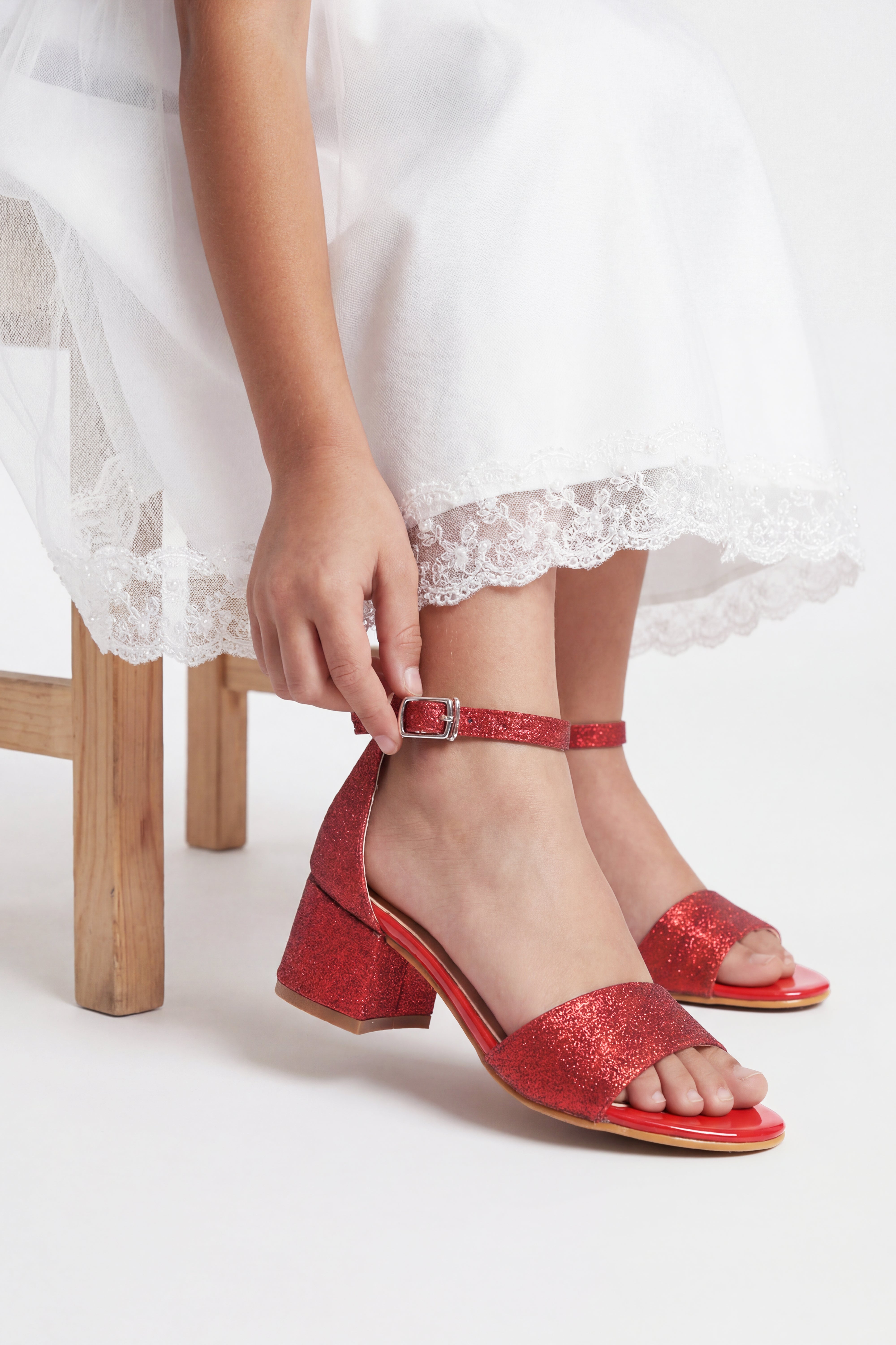 Girls Ankle-Strap Block Heel Sandals - SPARKLE - Red