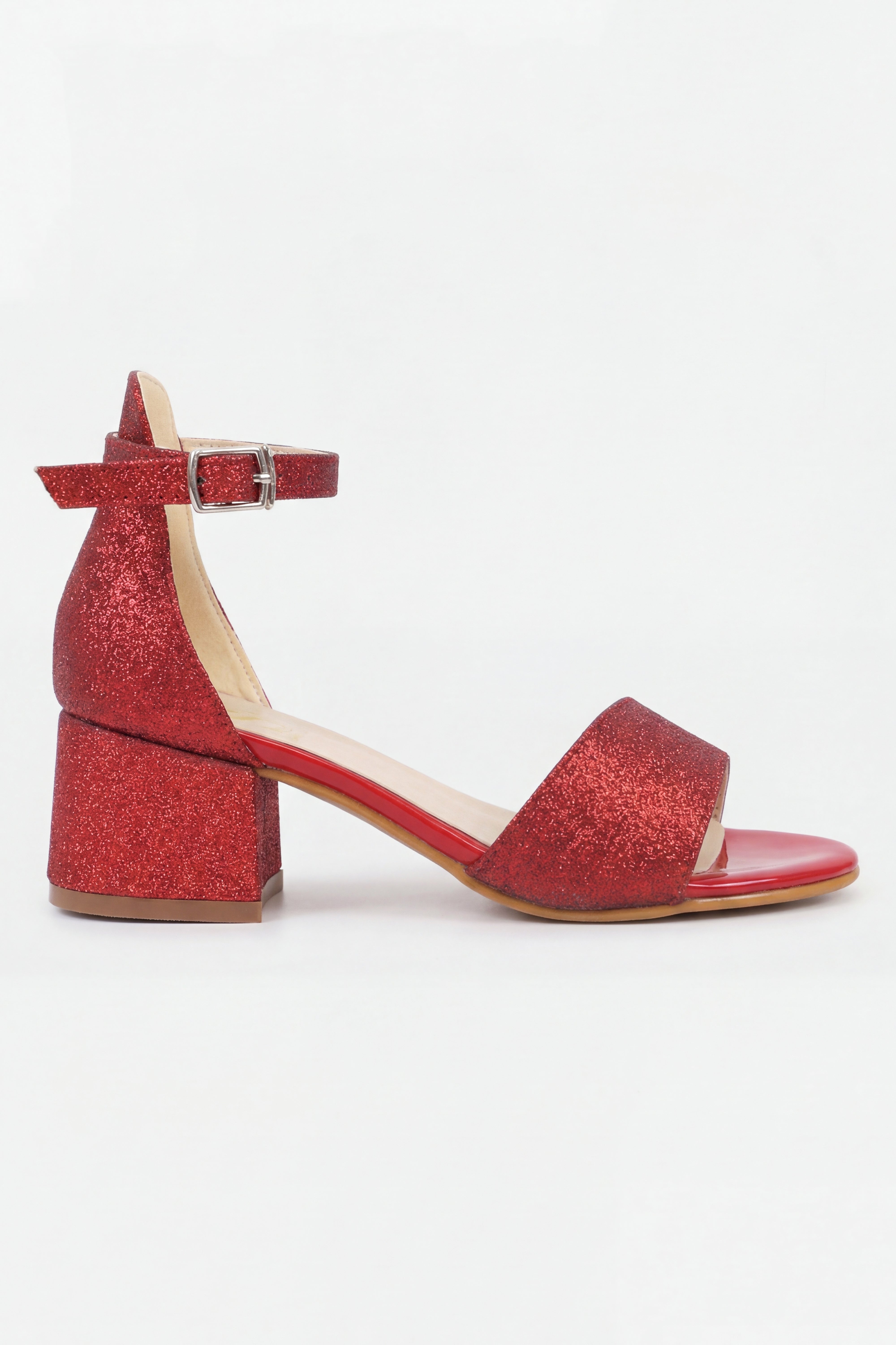 Girls Ankle-Strap Block Heel Sandals - SPARKLE - Red