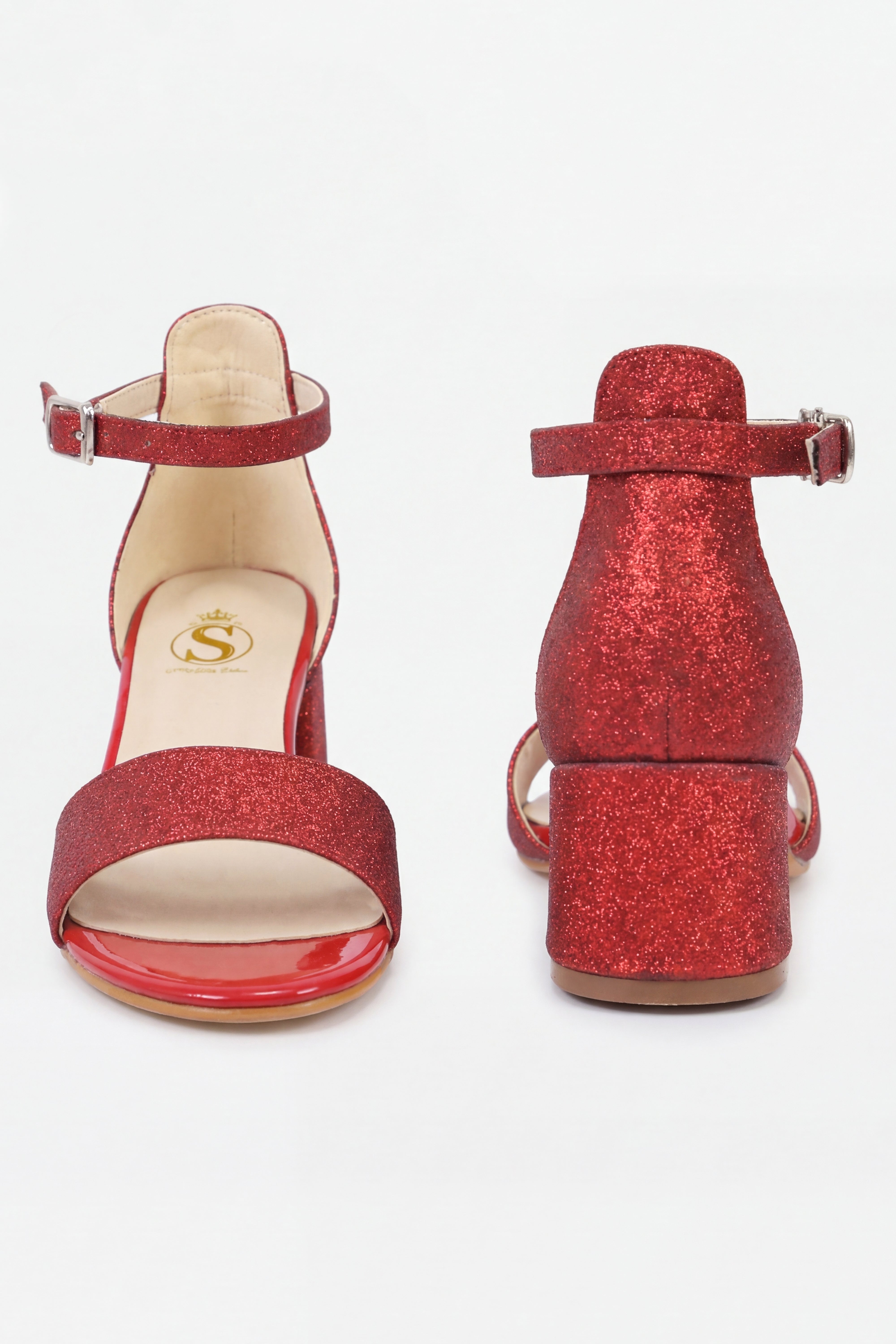 Girls Ankle-Strap Block Heel Sandals - SPARKLE - Red