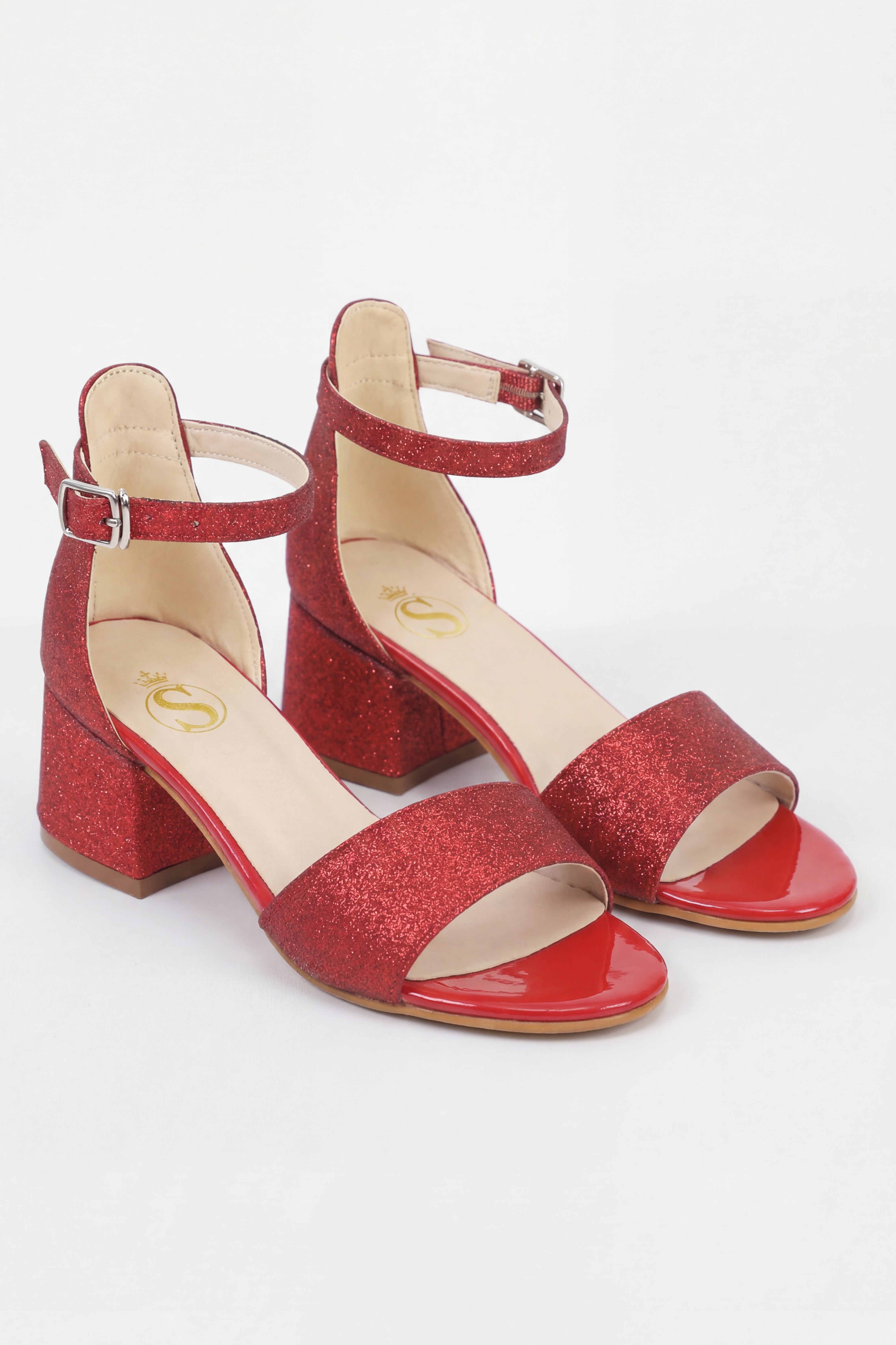 Girls Ankle-Strap Block Heel Sandals - SPARKLE - Red