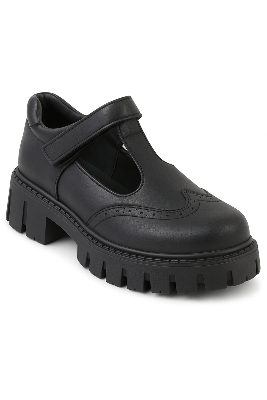 Girls Black Brogue Mary Jane Platform School Shoes - Mat Black Side Picture
