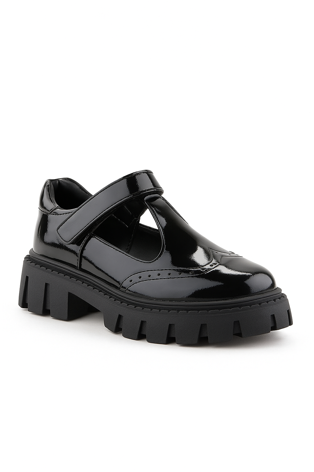 Girls Black Brogue Mary Jane Platform School Shoes - Patent Black Side Picture