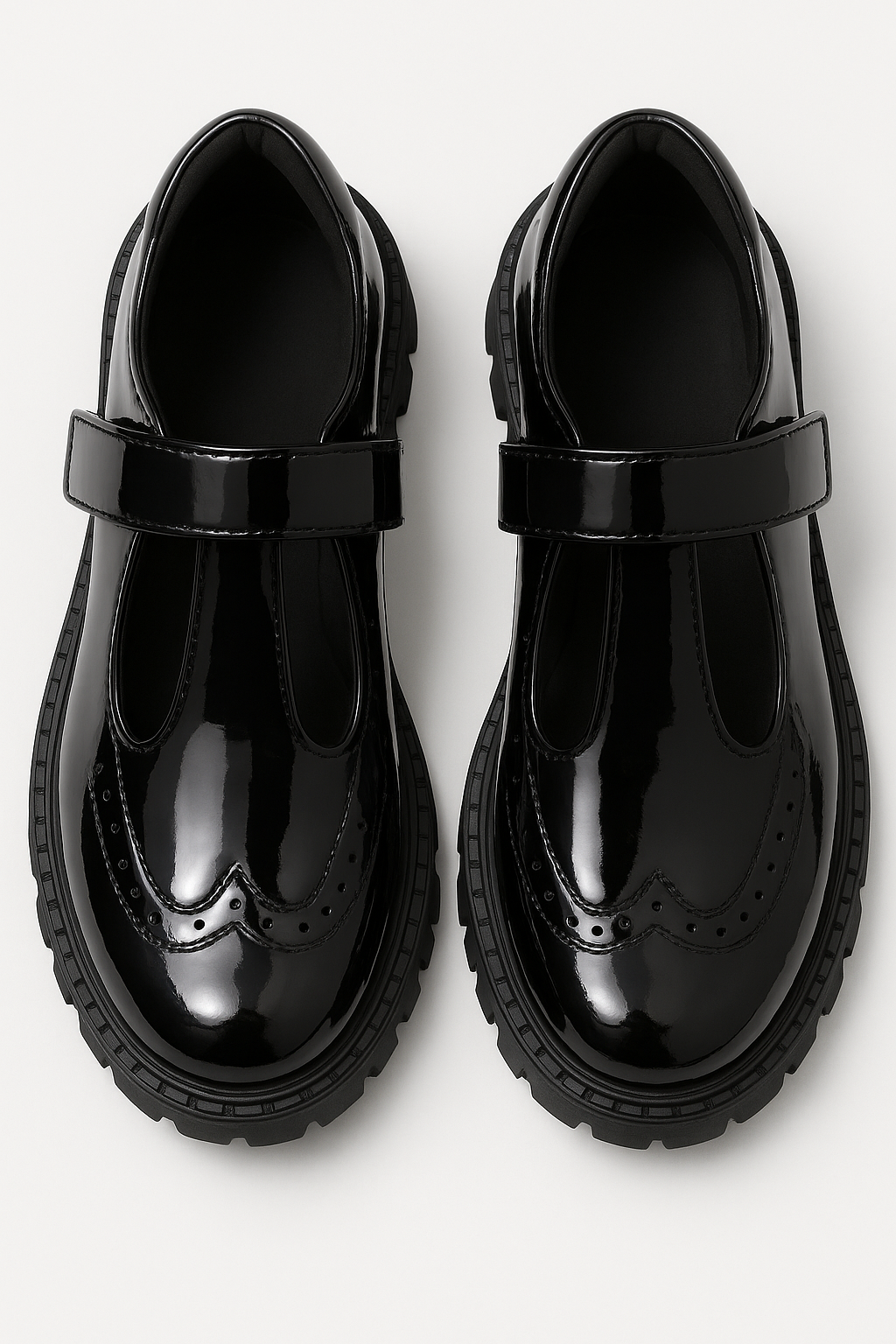 Girls Black Brogue Mary Jane Platform School Shoes - Patent Black Front Picture
