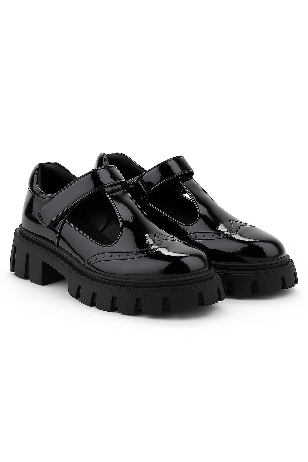 Girls Black Brogue Mary Jane Platform School Shoes - Patent Black Pair Side Picture