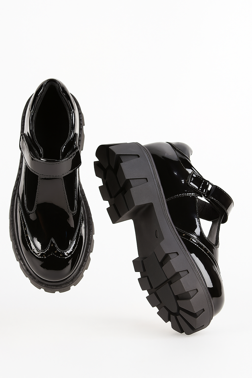 Girls Black Brogue Mary Jane Platform School Shoes - Patent Black Sole Picture
