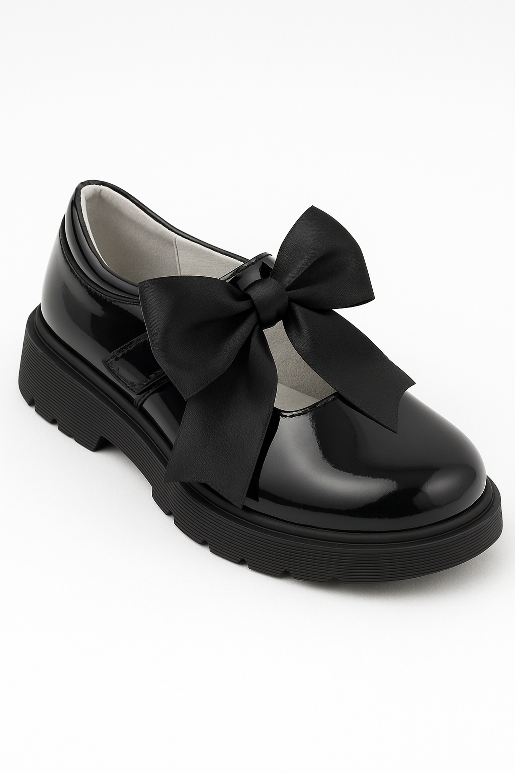 Girls Black Patent Platform Mary Jane Shoes with Satin Bow Side Picture