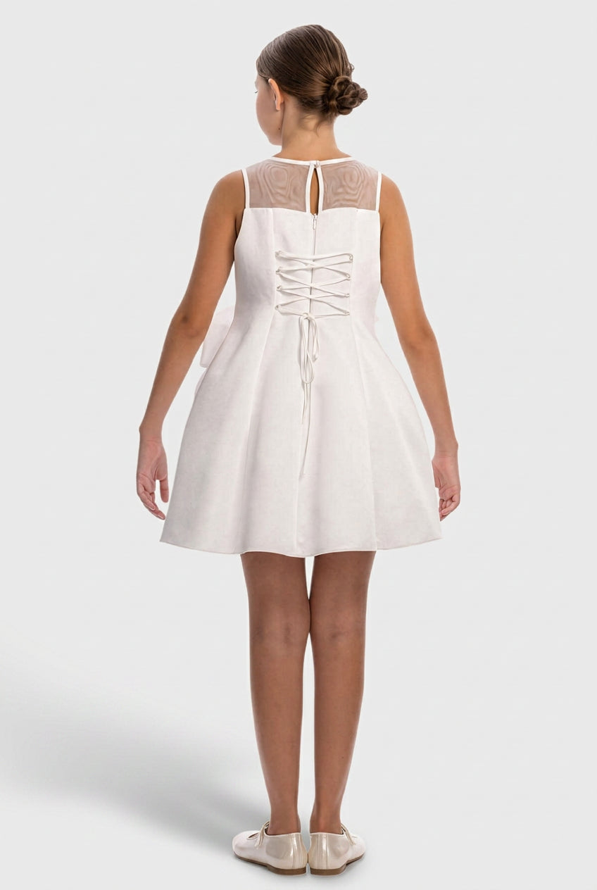 Girls Bow Detail Party Dress with Rose Detailing - Ivory Back Picture