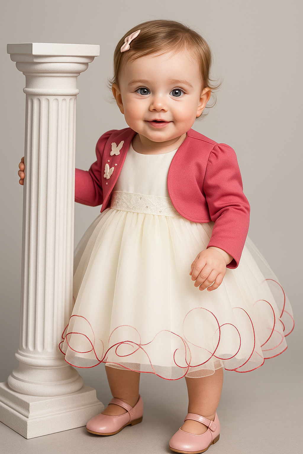 Girls Christening Wedding Dress with Butterfly Bolero Jacket - Ivory - Fuchsia