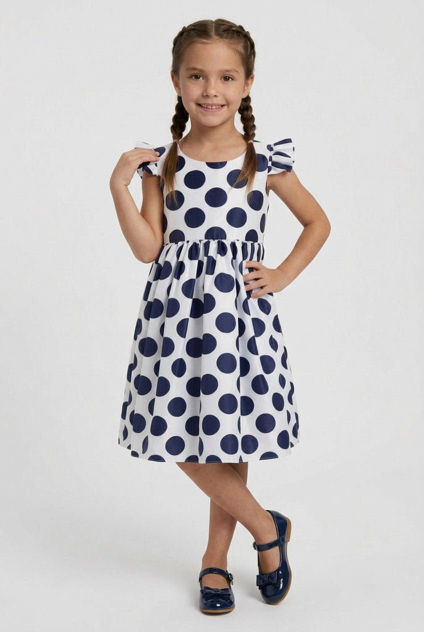 Girls Cotton Blend Navy Polka Dot Occasion Dress Model Front Picture