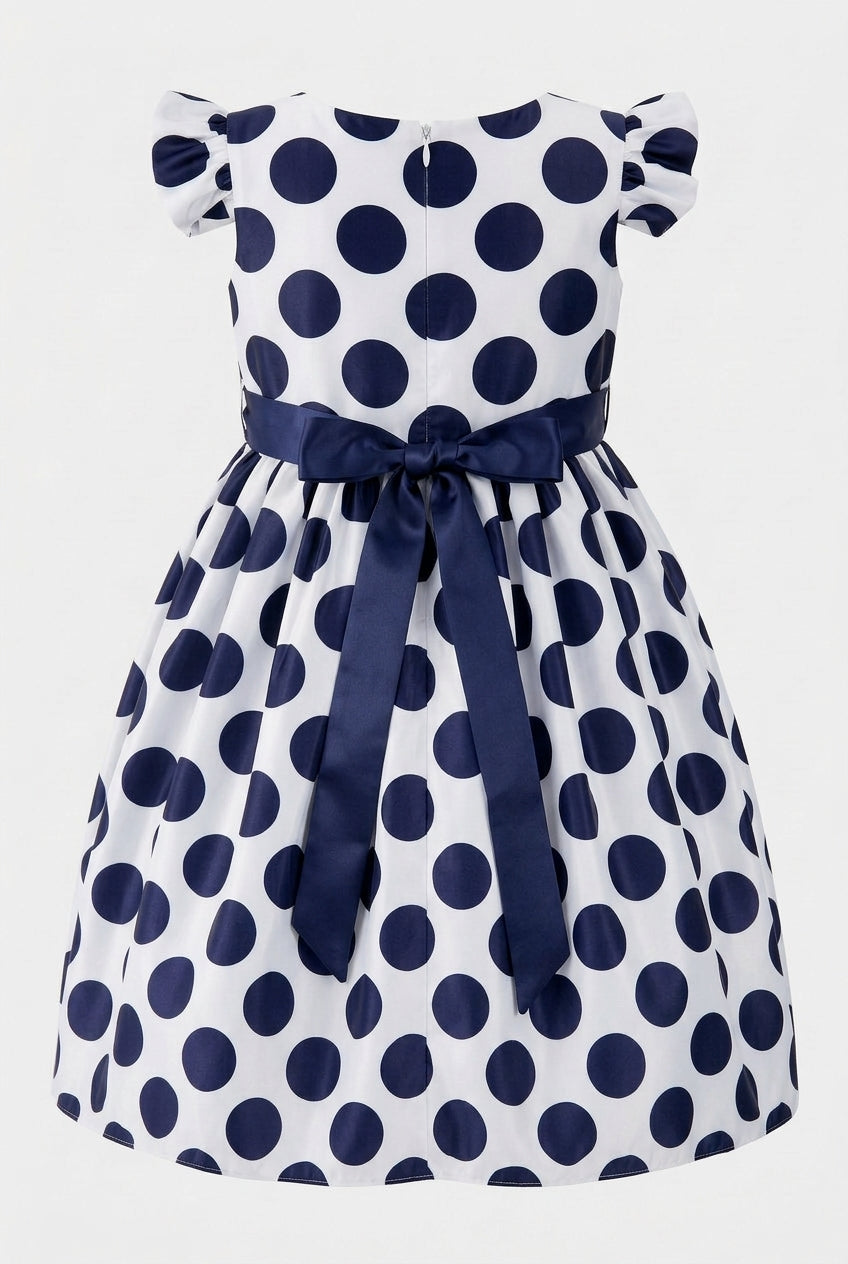 Girls Cotton Blend Navy Polka Dot Occasion Dress Back Picture