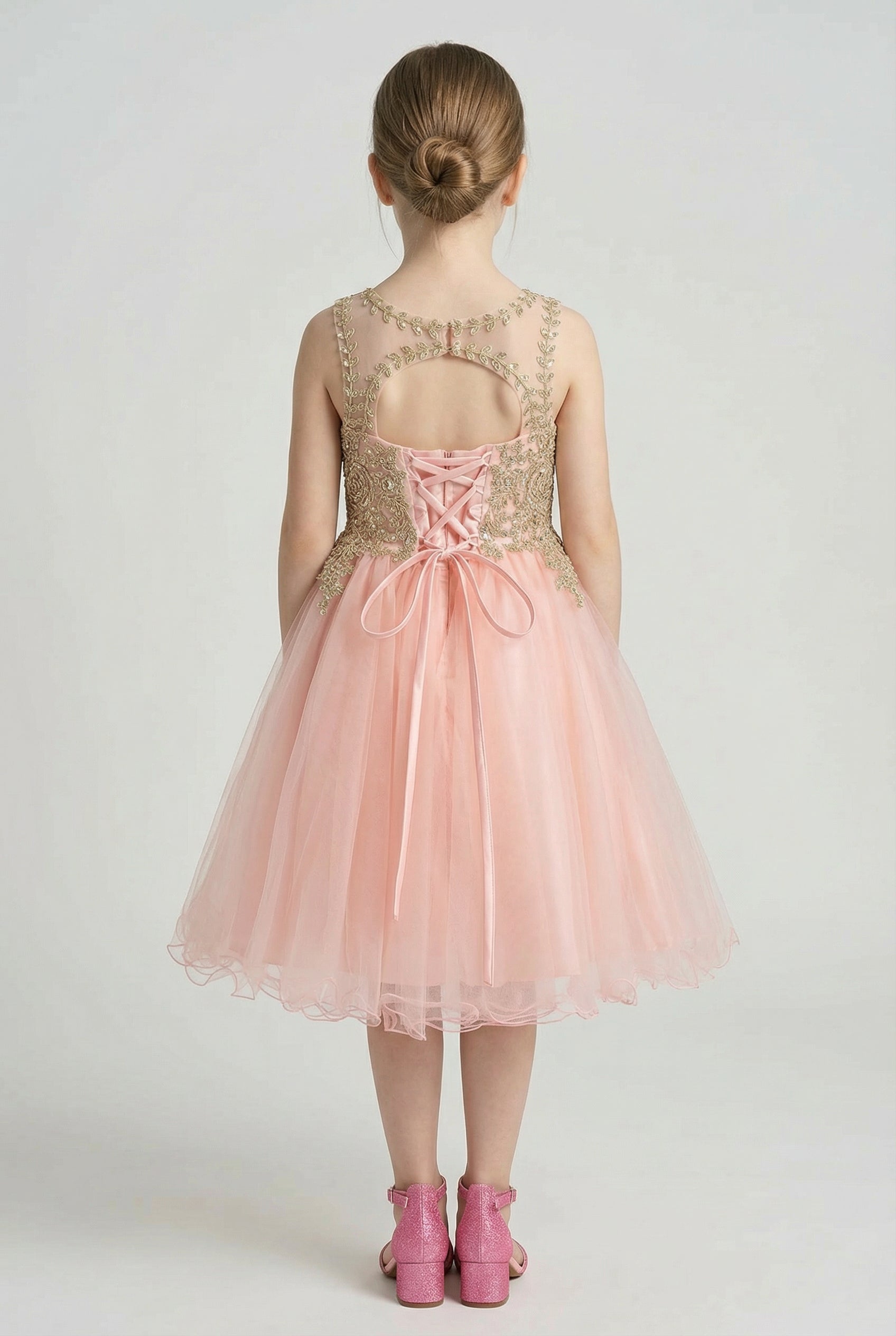 Girls Embroidered Tulle Dress with Illusion Neck - Linzi - Pink Back picture