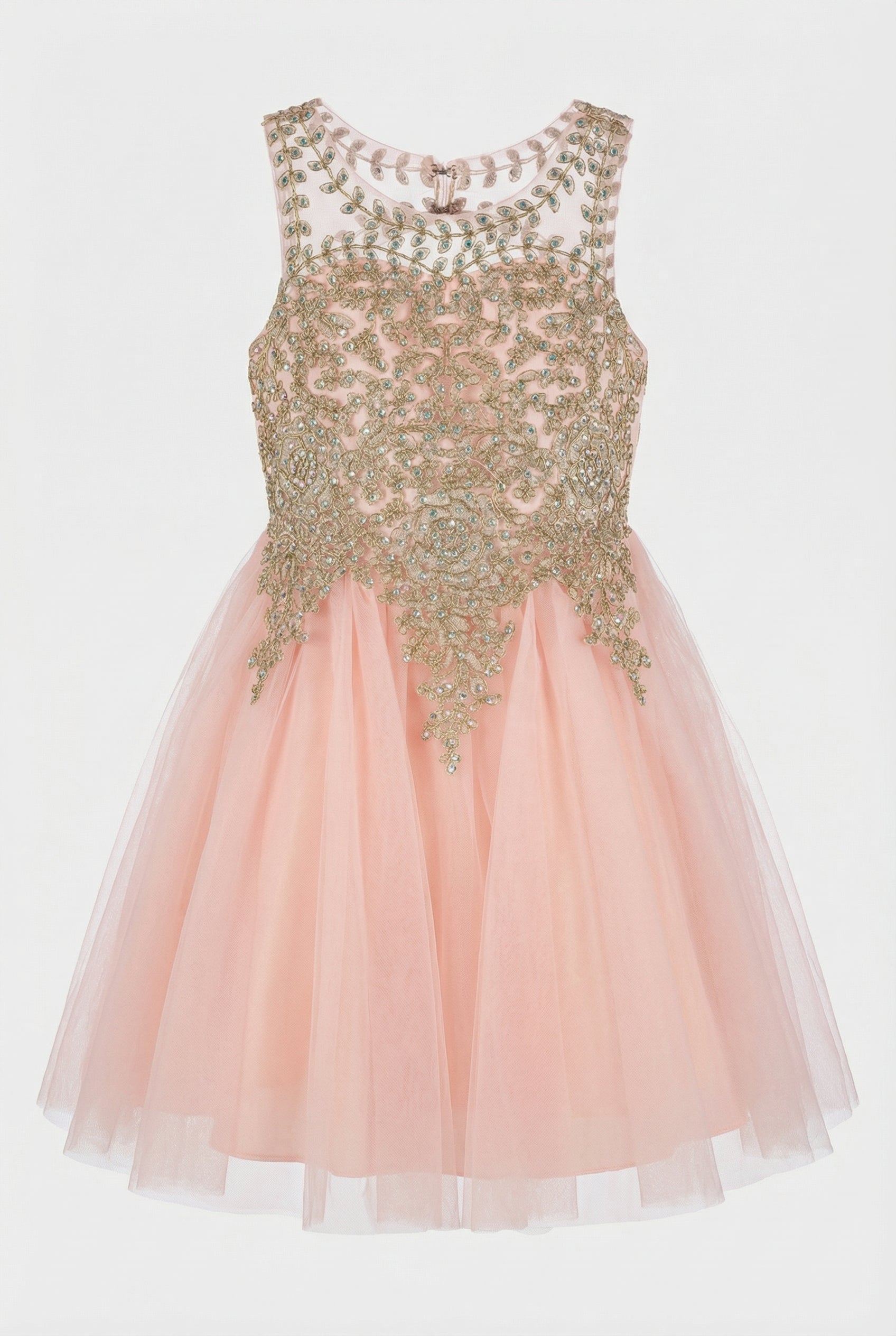 Girls Embroidered Tulle Dress with Illusion Neck - Linzi - Pink